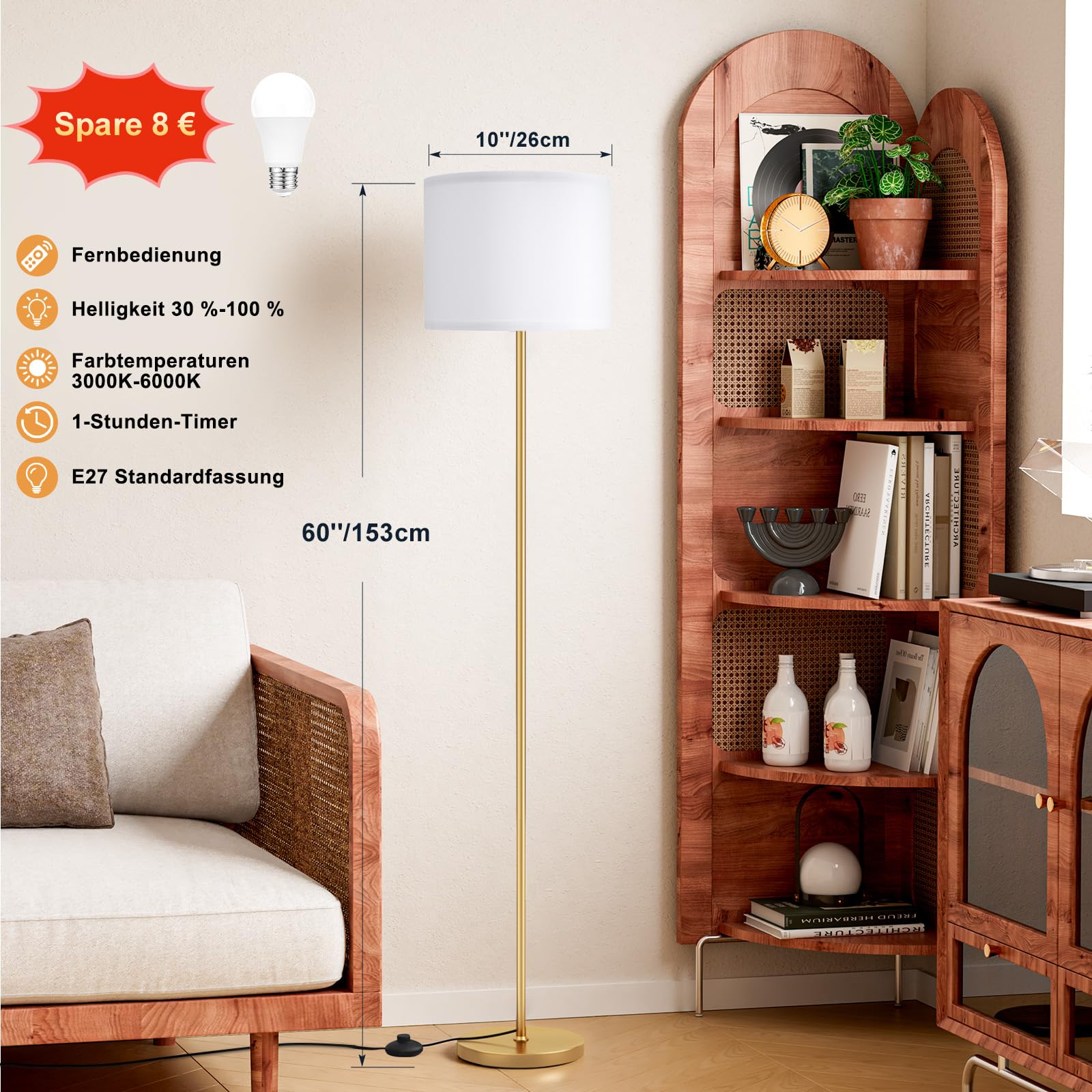 Goldene Stehlampe dimmbar mit Fernbedienung, 5-Stufen Lichtfarbe 3000-6000K