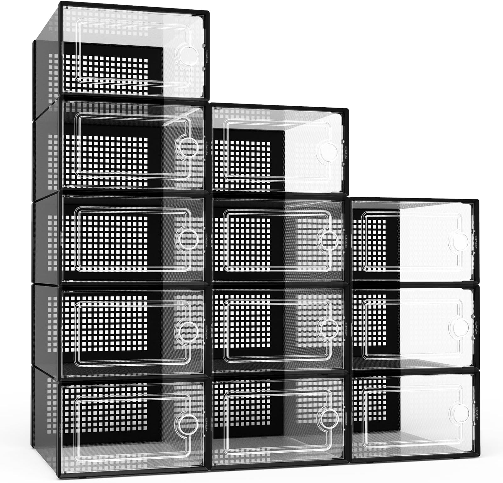 Potahouseยฎ Shoe Storage Organizer, 12 Pack X-Large Stackable Shoe Box with Lids, Fit US Size Women's 12 Men's 11, Sneaker Storage Container Space Saving for Entryway Closet Dorm, Black