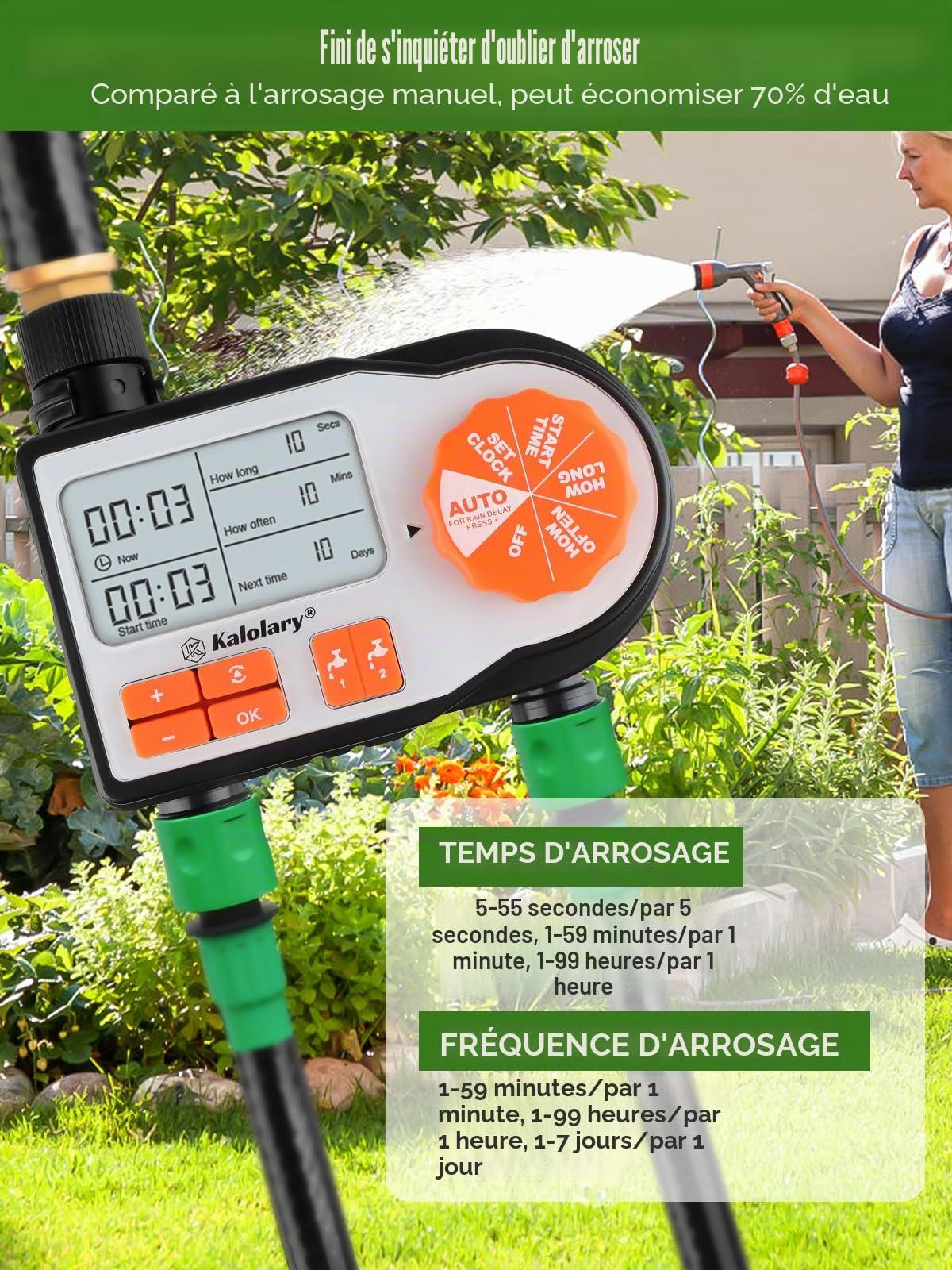 Kalolary Kit d'irrigation goutte à goutte automatique avec minuterie, tuyau de 1/2" 1/4", système d'irrigation, kit d'irrigation pour pelouse, jardin, serre