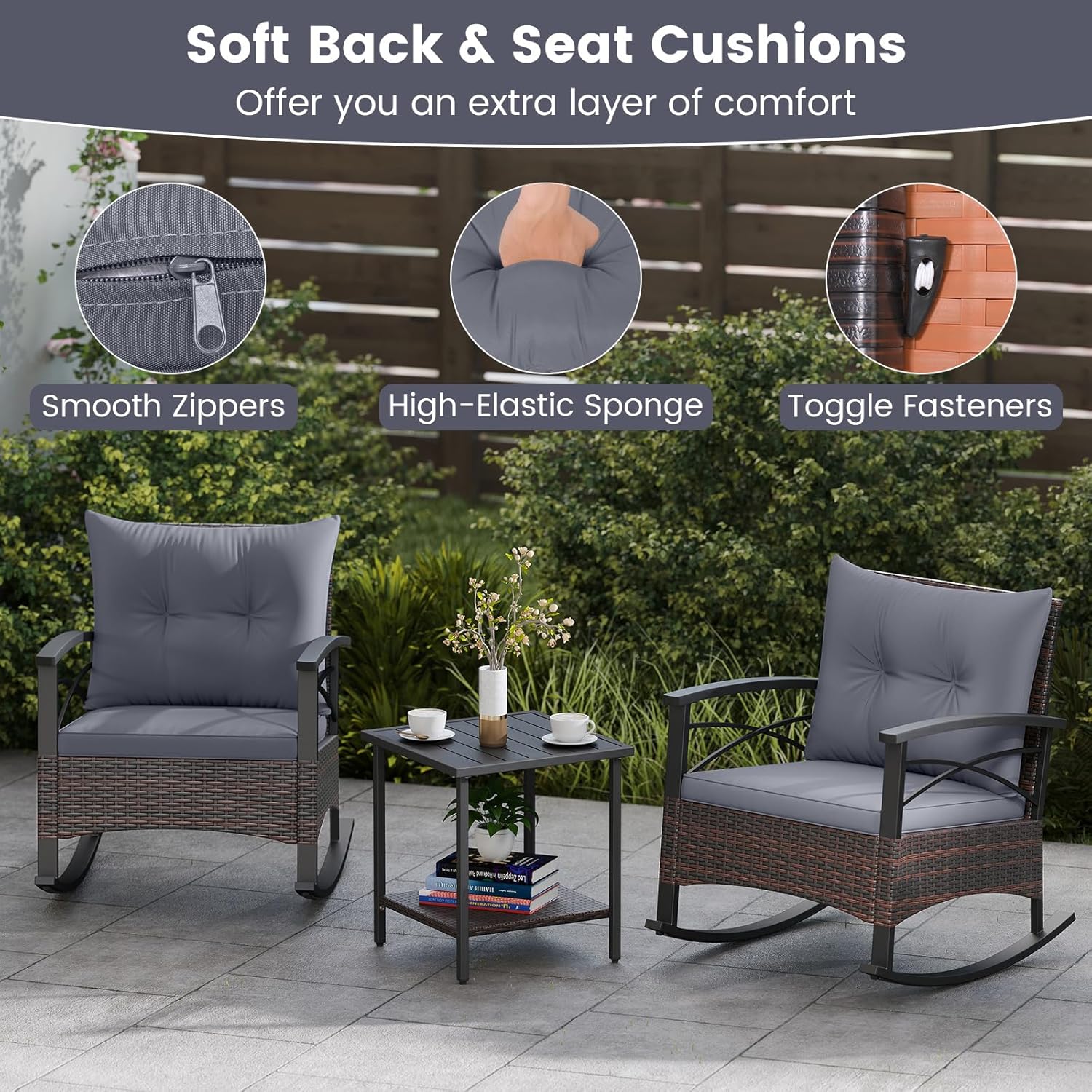 HAPPYGRILL 3 Piece Rocking Bistro Set PE Rattan Rocker Chairs with Table and Cushions, Patio Furniture Outdoor Conversation Set for Front Porch, Garden and Poolside (Gray)