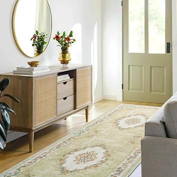 RYB HOME Sage Green Runner Rug 2x6 for Enterway Hallway, Machine Washable Floral Vintage Distresssed Rug Soft Faux Wool Non Slip Door Mat Runner for Kitchen Bathroom Laundry, 2x6 ft, Sage Green