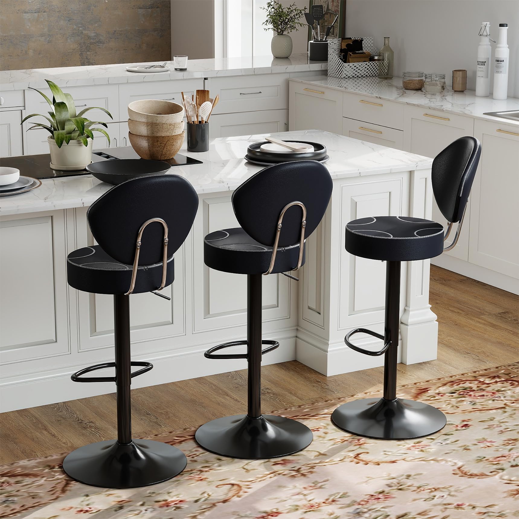 Youhauchair Bar Stools Set of 3, Height Adjustable Swivel Bar Stool, 360° Swivel Bar Stools with Backrest, Faux Leather Breakfast Bar Stools, Kitchen Stools, Black