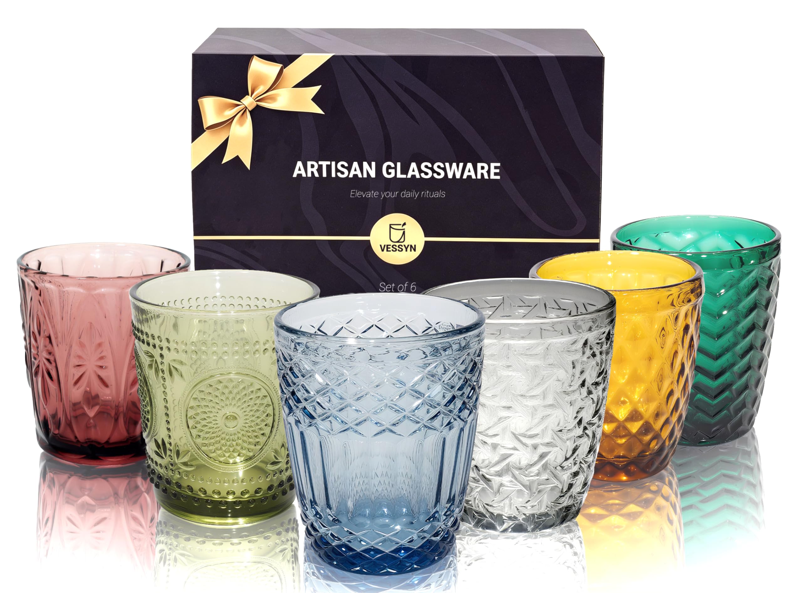 Vessyn Colored Drinking Glasses Set of 6, Embossed Water Tumbler Kitchen & Bar Glass Cups, Beverage Glass Cups for Water, Beer, Juice, Cocktail Glassware, Mixed Color (Color)