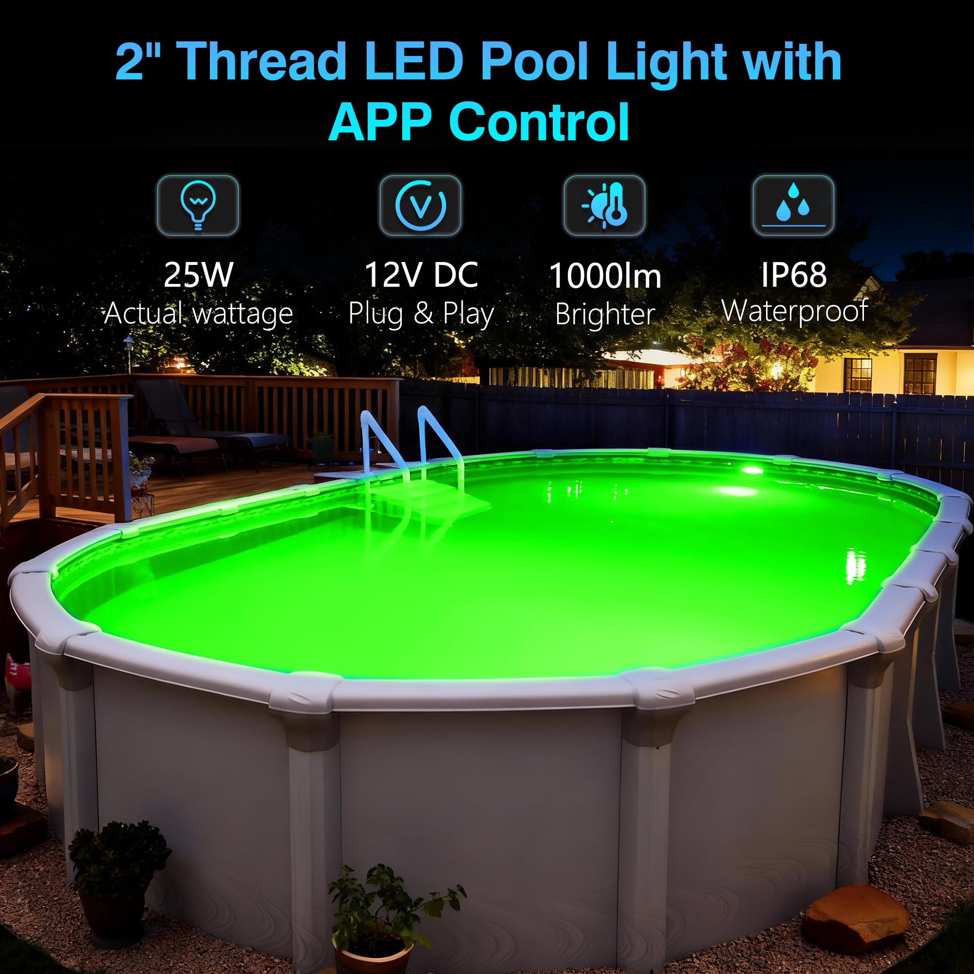 25W Luci Piscina LED con Filettatura 2", 12V RGB Lampade per Piscinas Fuori Terra Acciaio, Controllo APP, Dimmerabile e Timer,IP68 Impermeabile Riempito Resina Faretto Piscinas con Cavo 9,5m