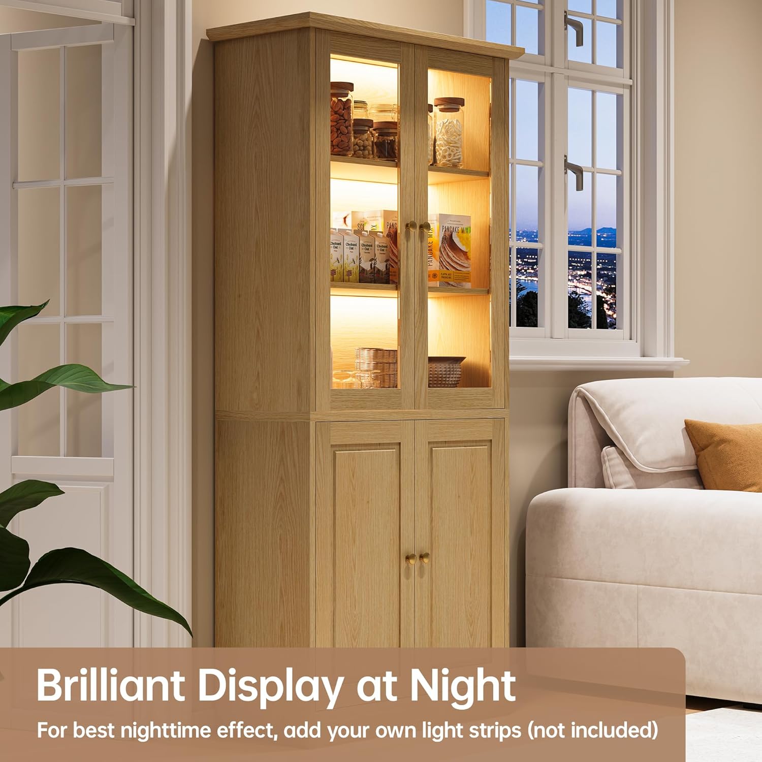 71" Kitchen Pantry Cabinet with Glass Doors, Modern Coffee Bar Storage Cabinet with Adjustable Shelves & Wooden Doors, Freestanding Cupboard for Dining Room or Living Room, Natural Wood