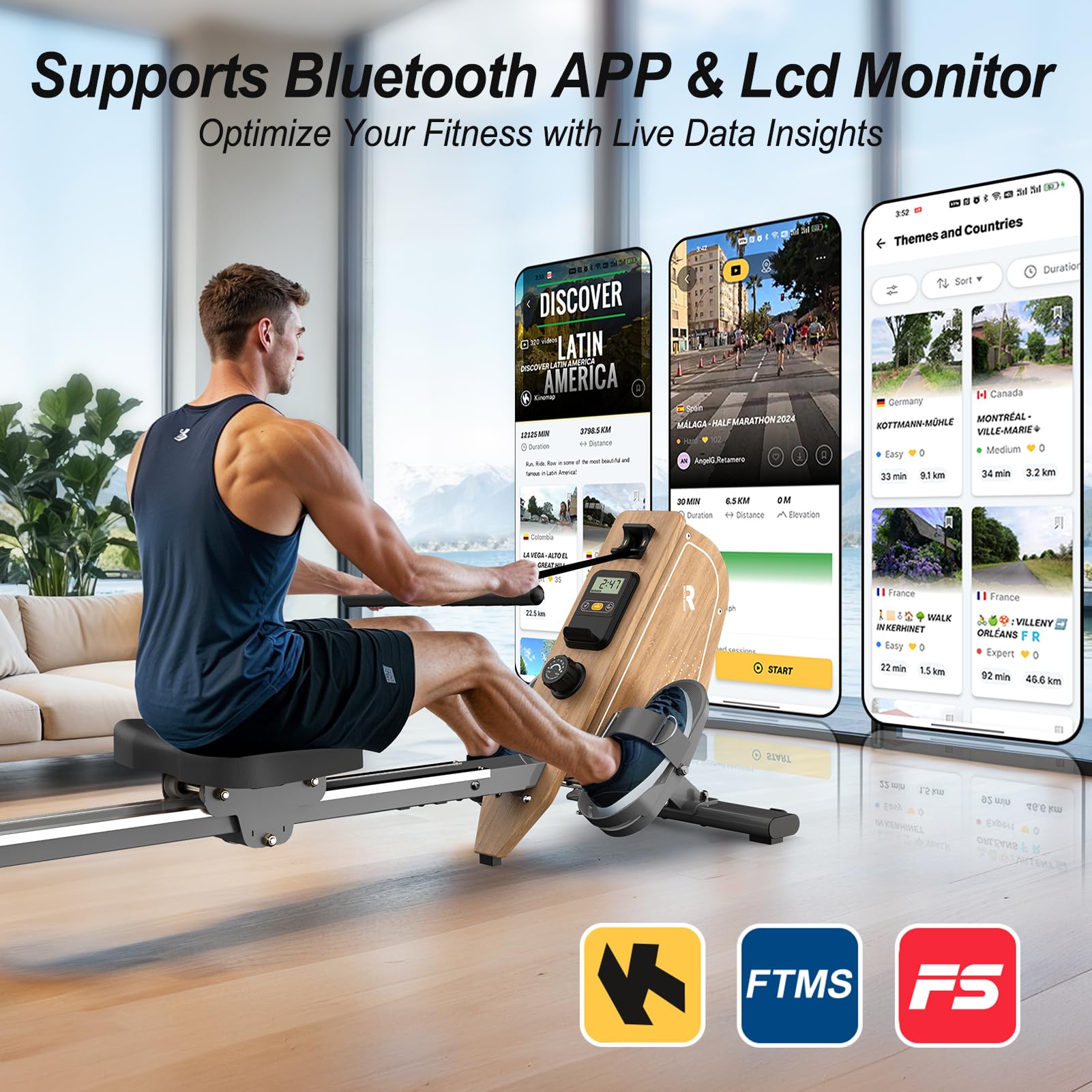 Vogatore per casa OR3, vogatore magnetico con monitor Bluetooth, 16 livelli di resistenza, vogatore compatto con capacità di peso di 150 kg, conservazione verticale