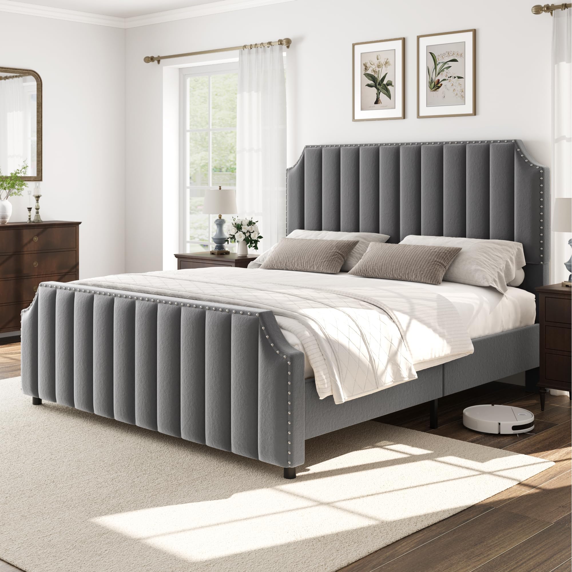 coucheta Velvet Upholstered Bed Frame with Tall Headboard &amp; Footboard