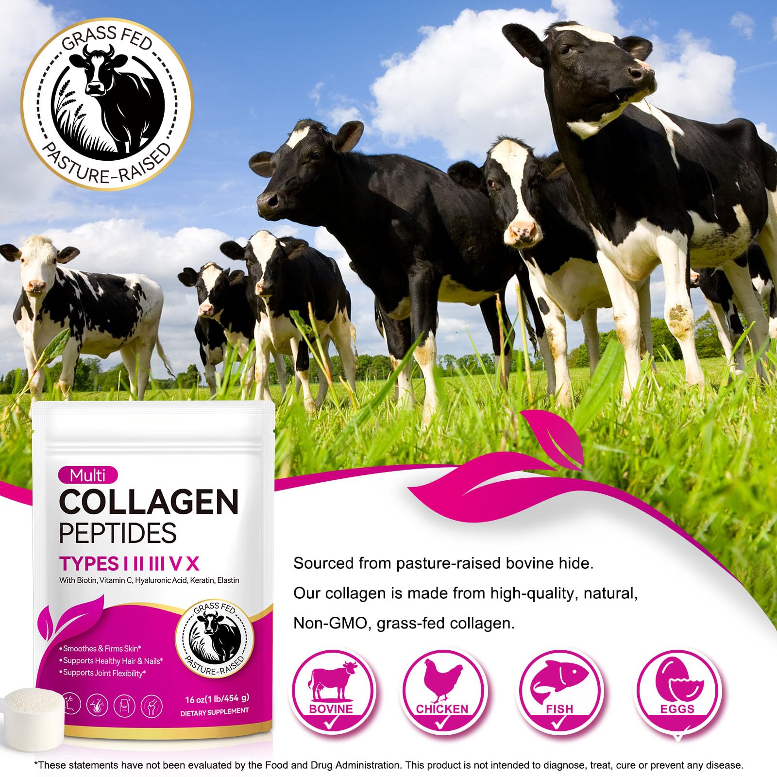 Multi Collagen Peptides Powder | Types I, II, III, V, X | 16 Oz (41 Servings) Hydrolyzed Collagen with Biotin, Vitamin Supports Healthy Skin, Joints, Hair, and Nails | Unflavored & Dissolves Easily — Amazon image 9