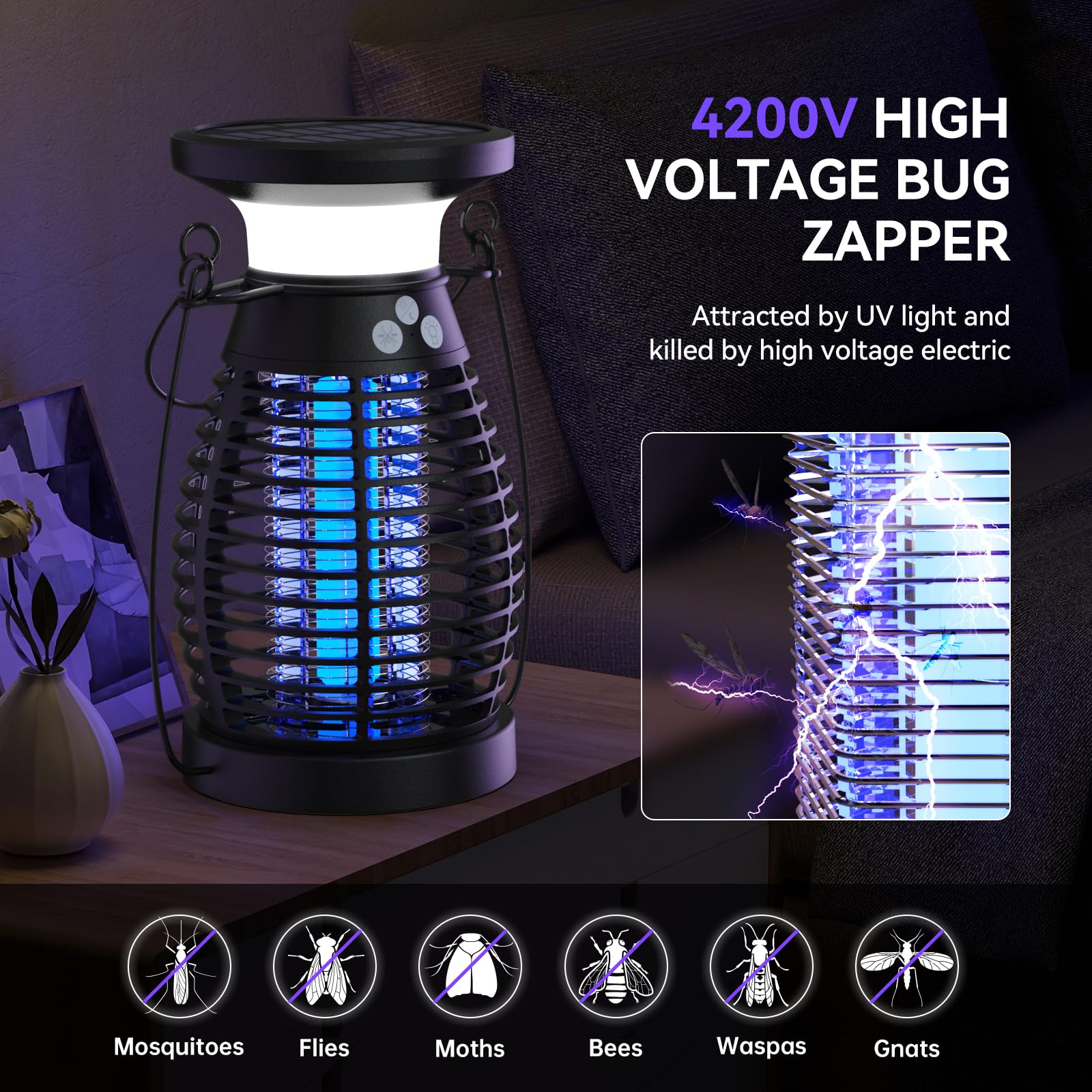 Insektenvernichter Elektrisch, 4200V Solar Mückenfalle Elektrischer Fliegenfalle Innen Outdoor Elektrische Fliegenfalle Anti Mücken Lampe Aussen Insektenfalle Moskitoschutz für Haus bubbacare