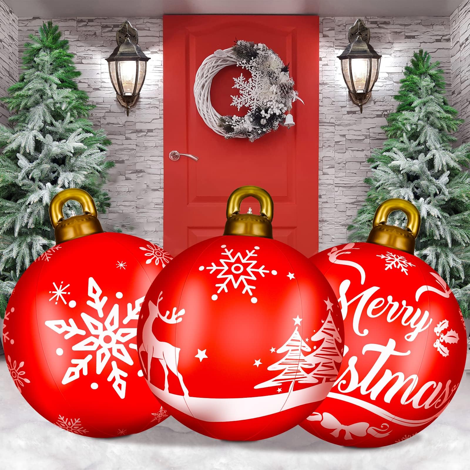 3 Pcs 32 Inch Giant Inflatable Christmas Ball PVC Inflatable Decorated Ball Large Holiday Inflatables Outdoor Decorations Christmas Blow up Yard Decor Giant Inflatable Ornaments (Snowflake)