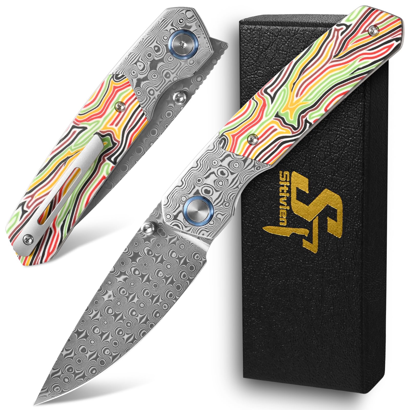 Amazon.com : Sitivien ST271 Damascus Steel Blade Folding Knife