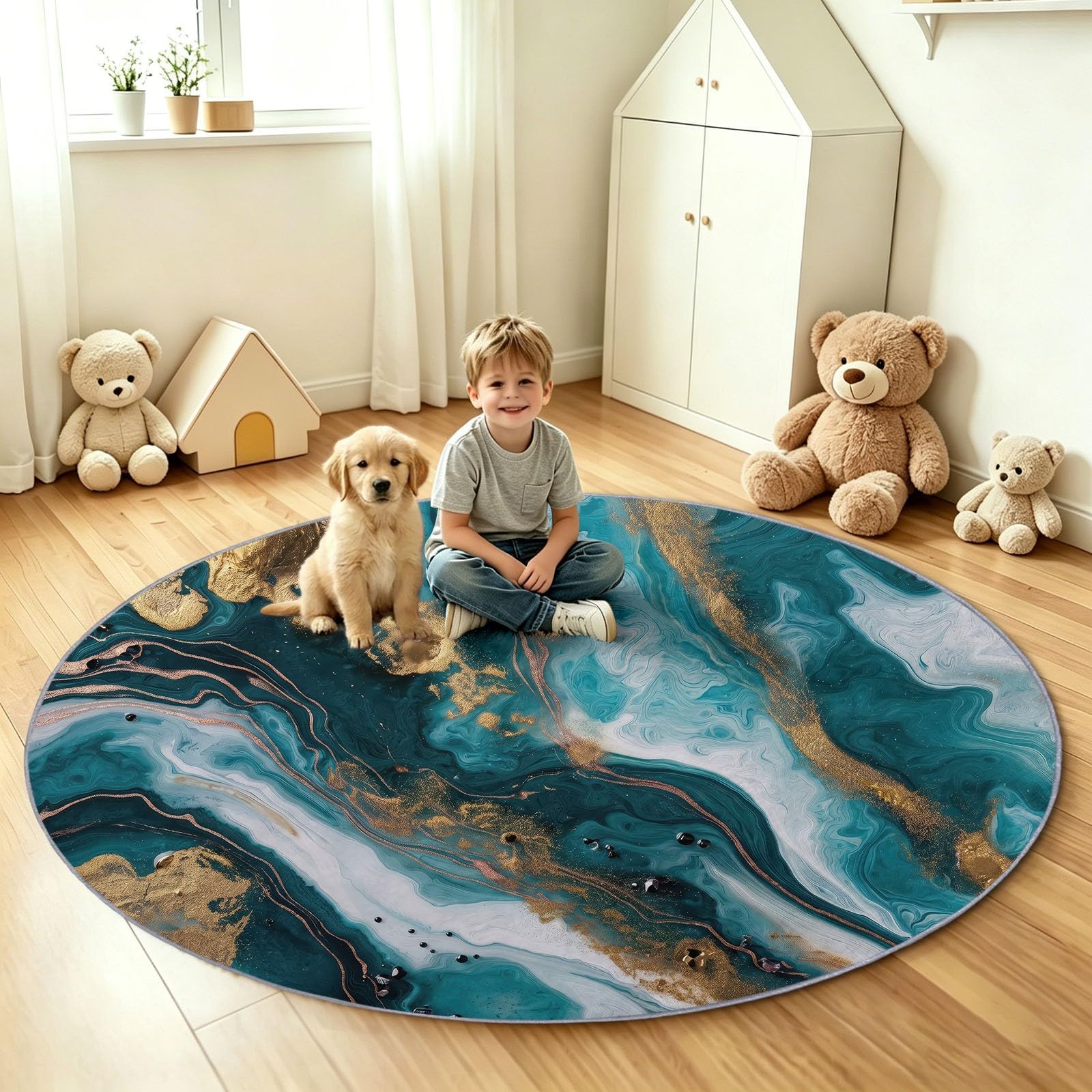 Générique Tapis Rond 200 cm Lavable en Machine, Antidérapante Poils Courts Moderne Marbre Fluide Doux Tapis de Sol Décoration pour Salon, Chambre, Cuisine, Salle à Manger, Bureau (Vert)