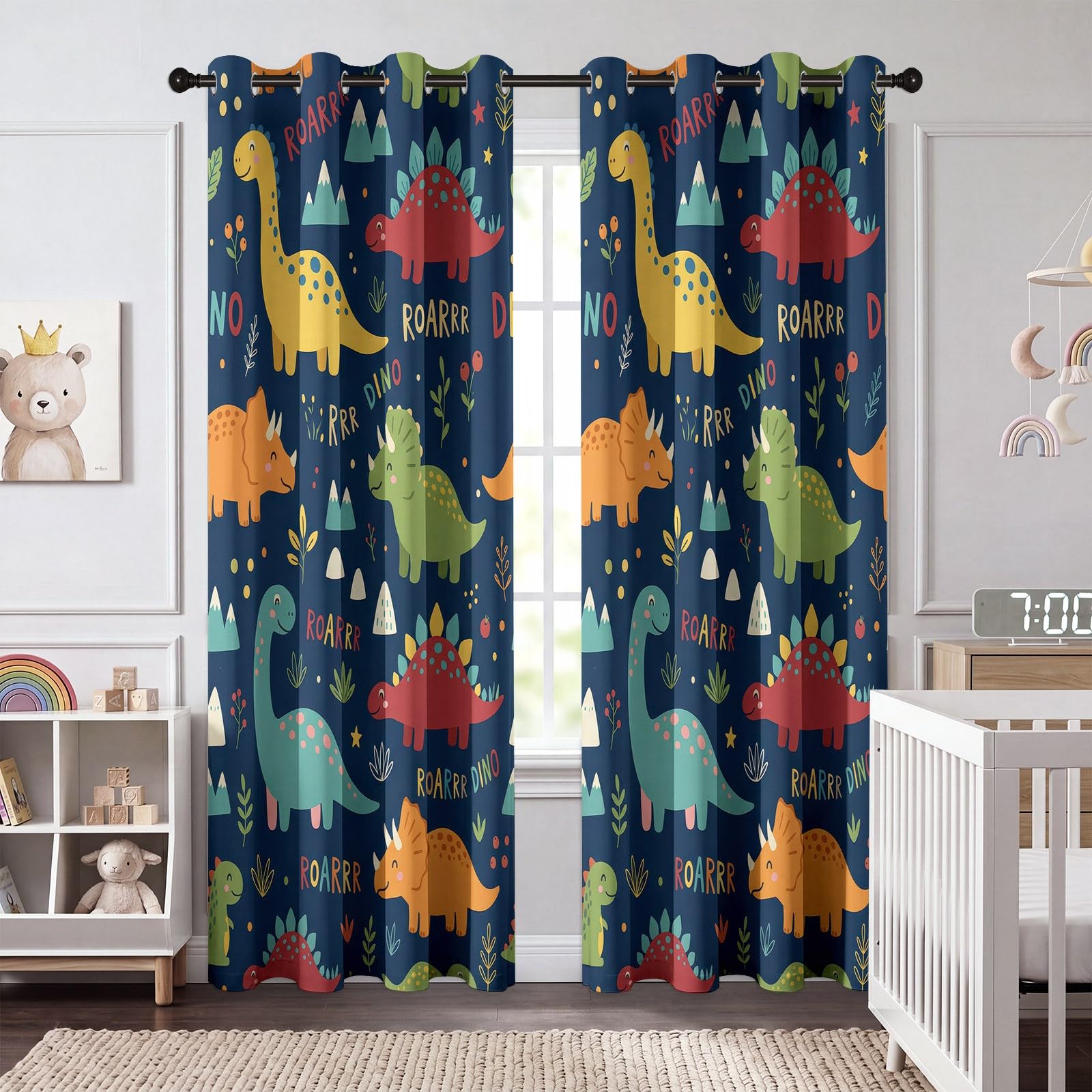 Rideaux pour Enfants 117L X 183H cm (2 Panneaux), Rideaux Isolant Thermique Motif Scandinave Dinosaure, Décoration de Animé Animal pour Chambre d'enfant Garçon Adolescent Salon Fenetre, Bleu Foncé