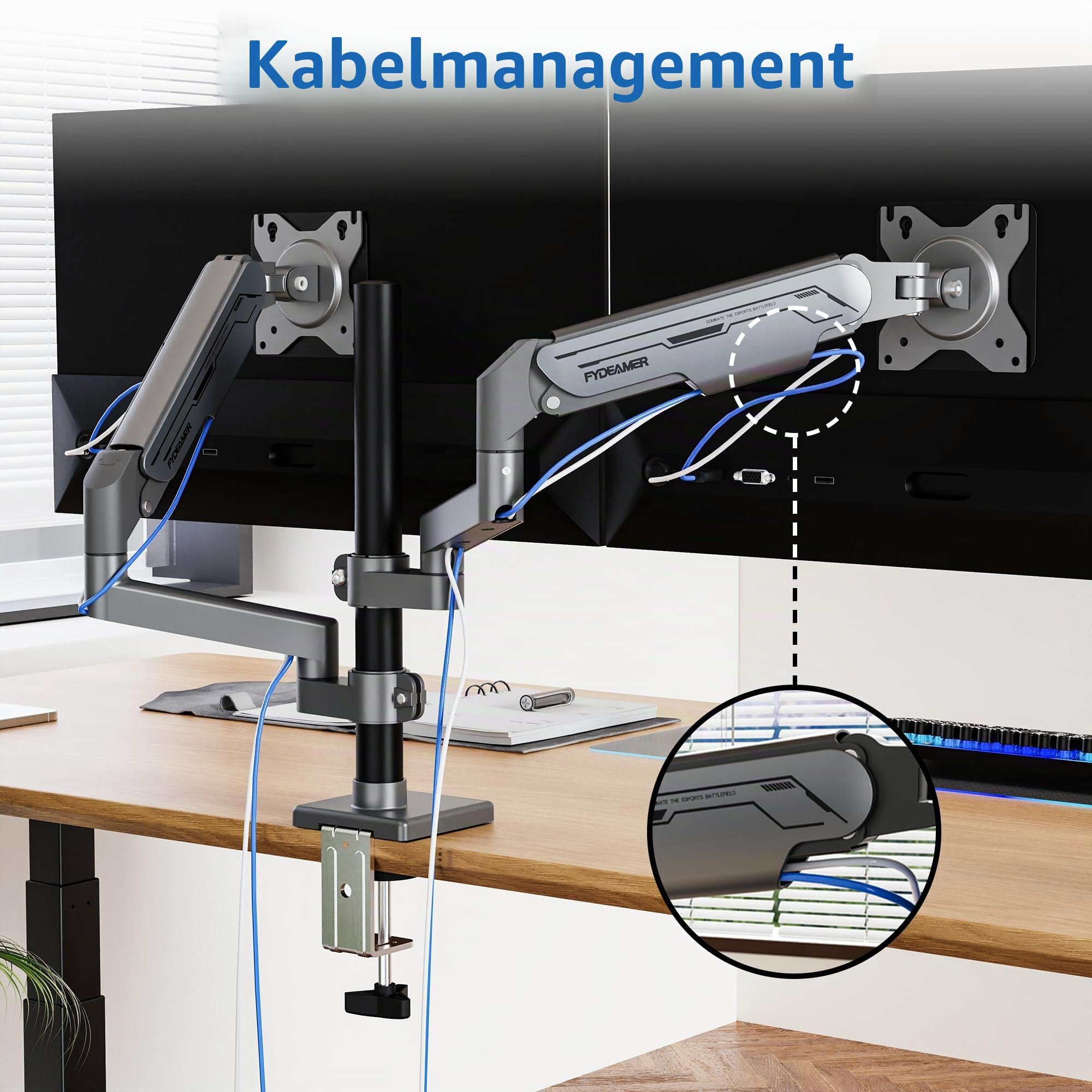 Fydeamer Dual Monitor Halterung, Monitor Arm mit Gasdruckfeder Höhenverstellbar Neigbar Schwenkbar, Bildschirmhalterung für 17-32 Zoll bis 9 kg, Verstellbarer VESA-Ständer 75/100 mm, Schwarz | Strapazierfähige vertikale Doppelhalterung, voll verstellbarer