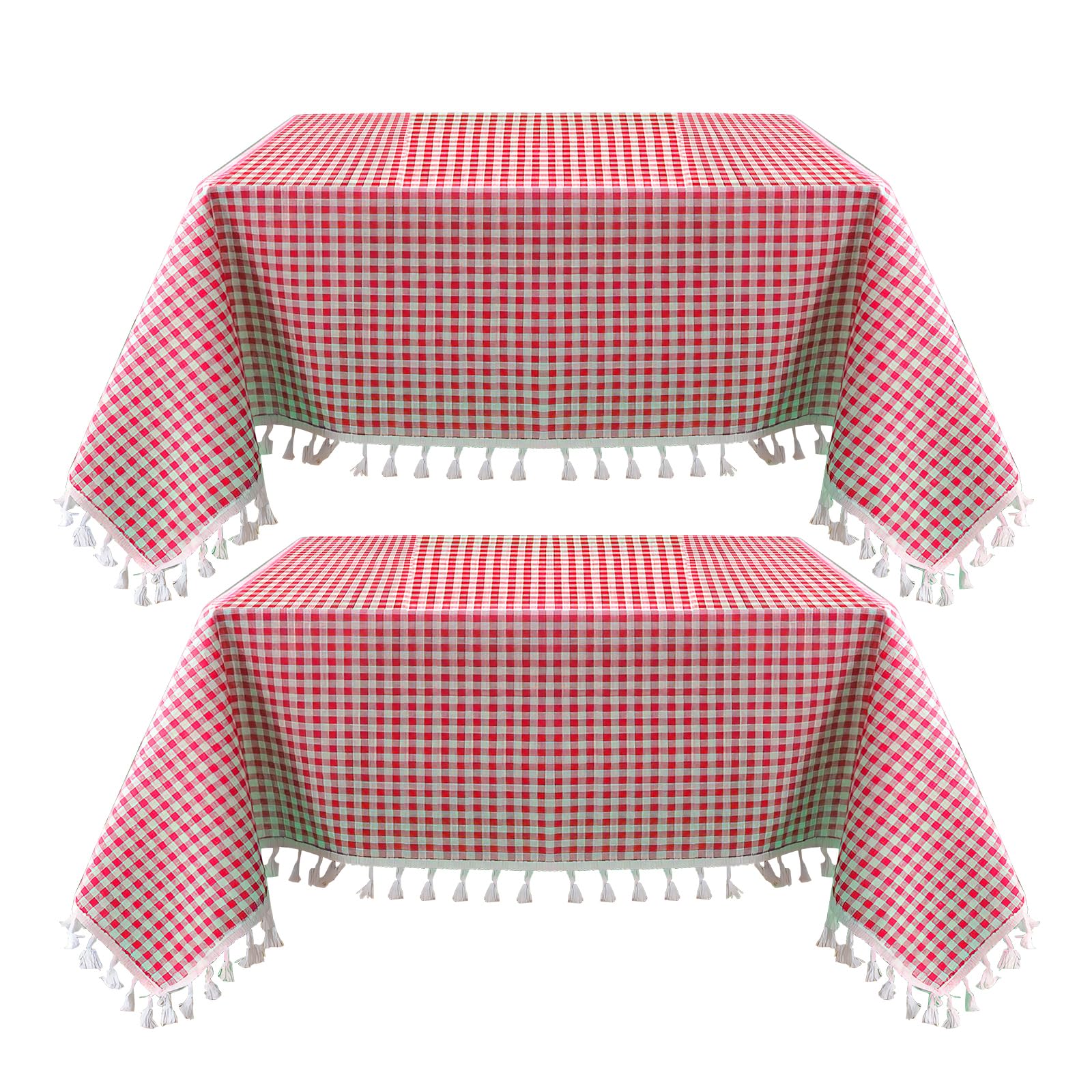 2 Packs Red and White Checkered 55x71 inch Tablecloths Table Cloth Rectangular Tablecloth Tassel Decoration Table Cover Suitable for Pastoral Style Coffee Table, Dining, Tabletop Decoration(140x180cm)
