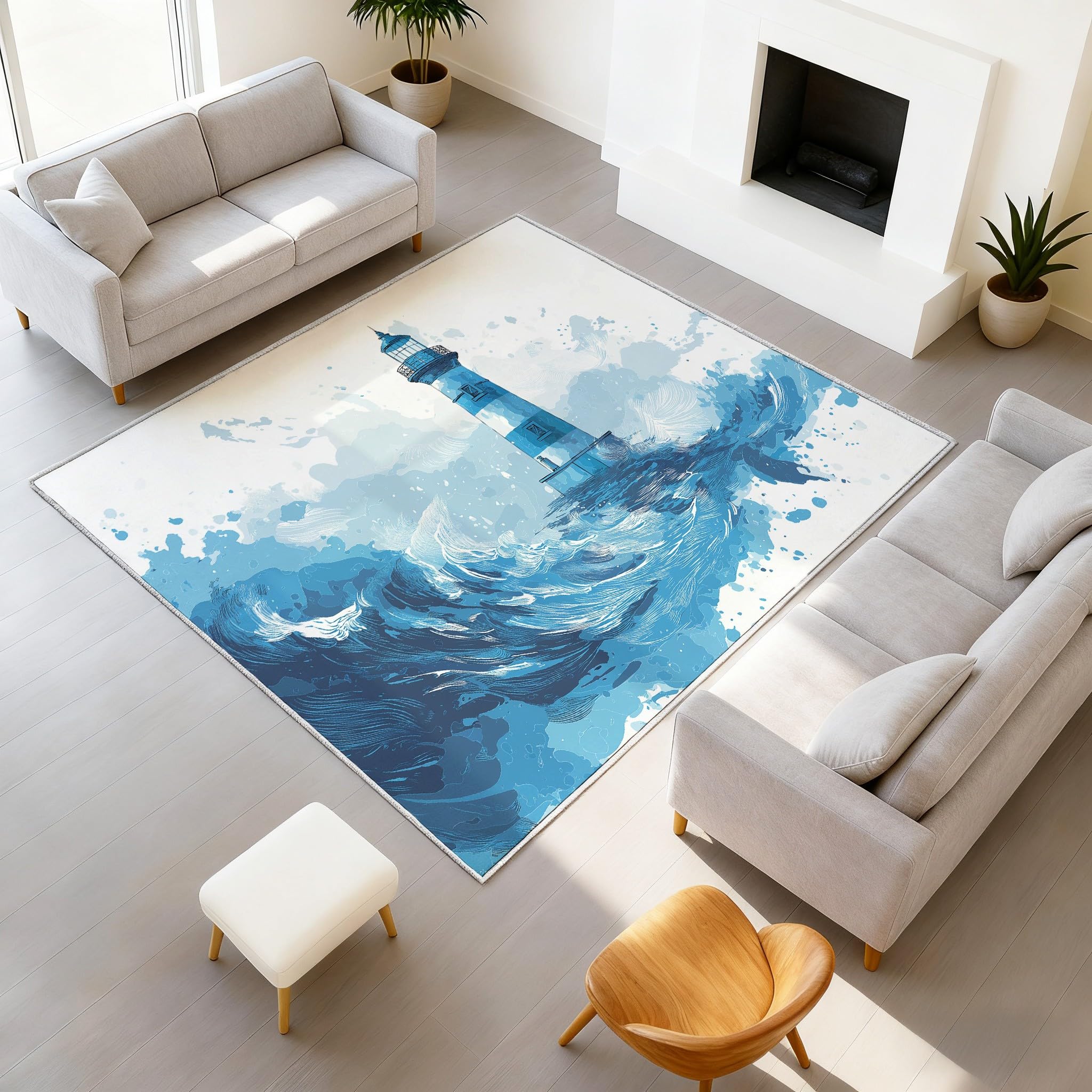 Dywan z motywem akwareli i oceanu, do wnętrz, 120 x 160 cm, manga, komiks, latarnia morska, fale, niebieski, dywany z nadrukiem, przytulne, odporne na niskie runo, łatwe czyszczenie, na sofę, do
