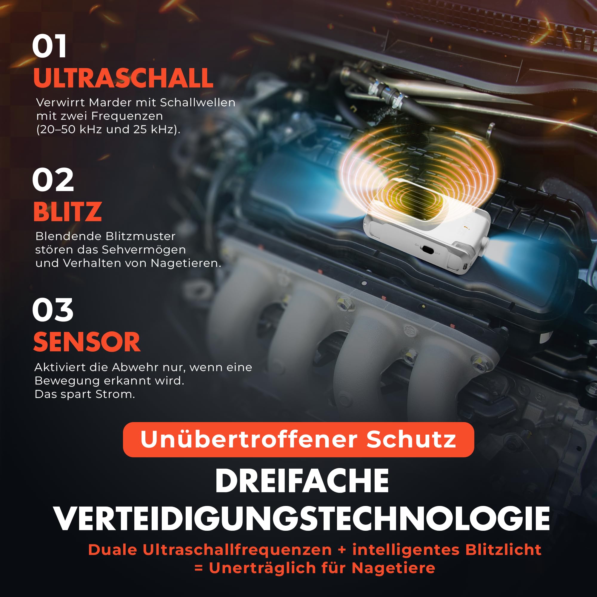 Répulsif à gueules 3 en 1 avec ultrasons et anti-accoutumance d'environ 100 m² - Avec capteur infrarouge et protection 3 fois - Protection contre les martres pour voiture