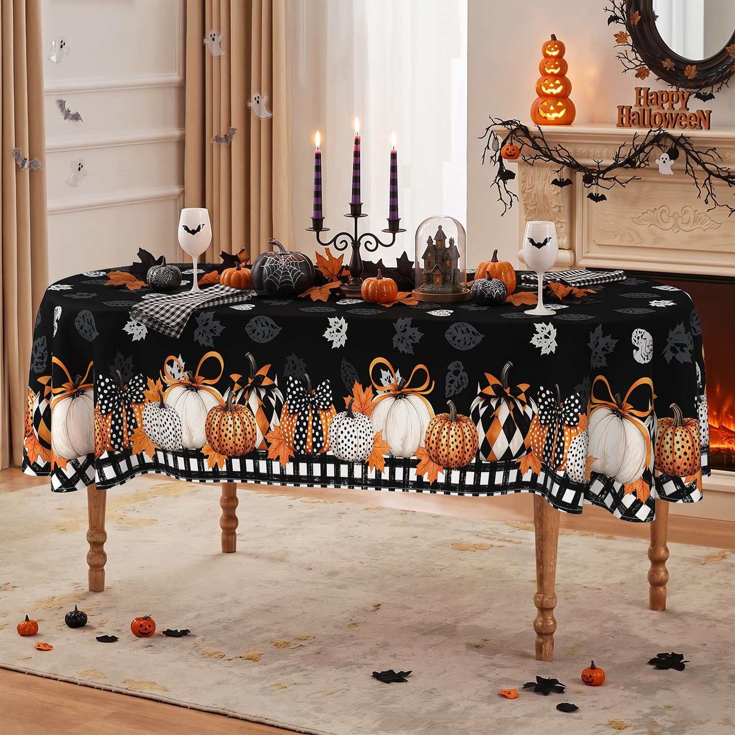 Faptoena Halloween Tablecloth 52×70 Inch Oval, Buffalo Plaid Pumpkin Table Cloth, Washable Table Cover for Party Picnic Halloween Decor