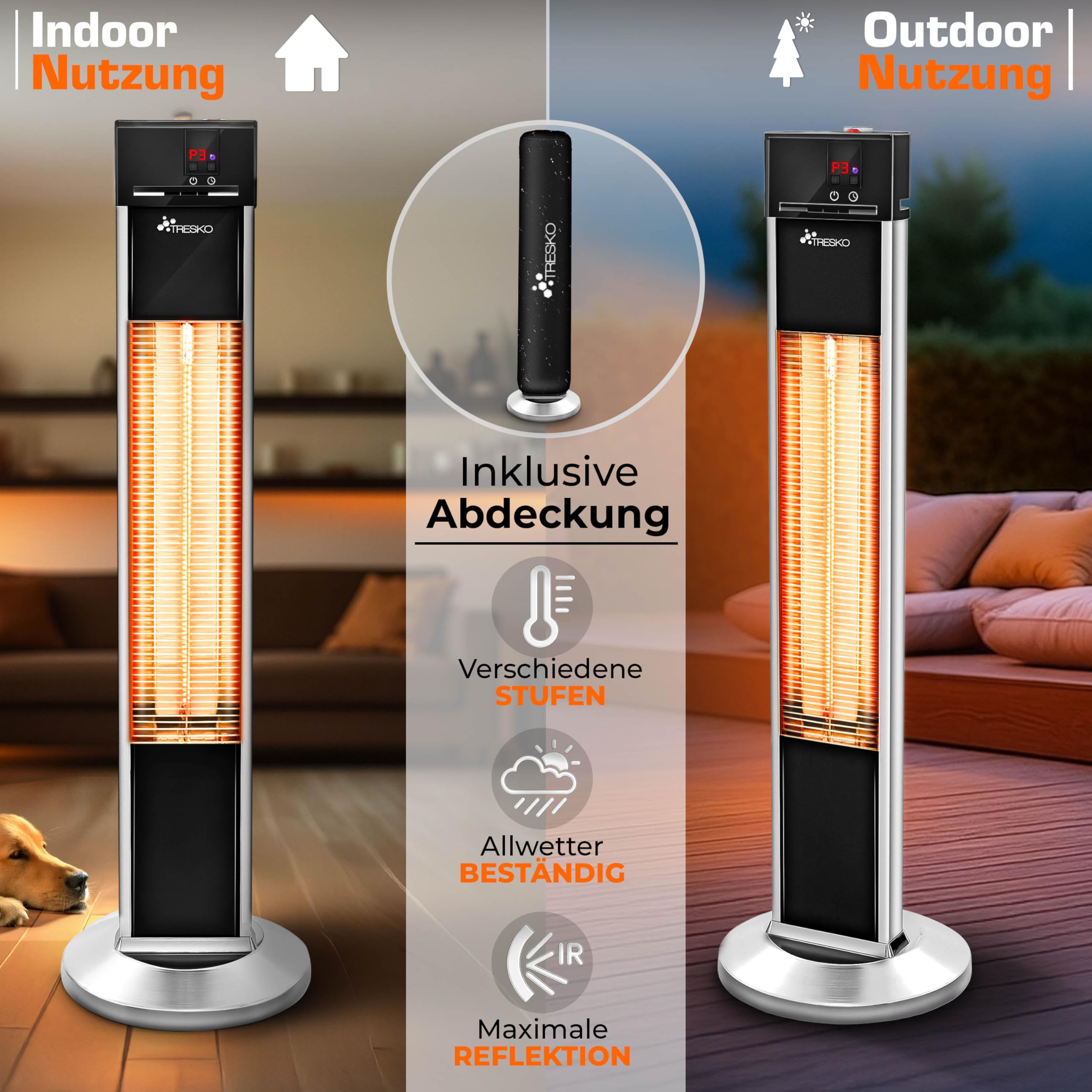 TRESKO Infrarot Stand-Heizstrahler 2000W mit Fernbedienung | Wärmestrahler Terrasse elektrisch mit 3 Heizstufen | Terrassenstrahler Innen & Außen | Infrarotstrahler mit LED-Anzeige