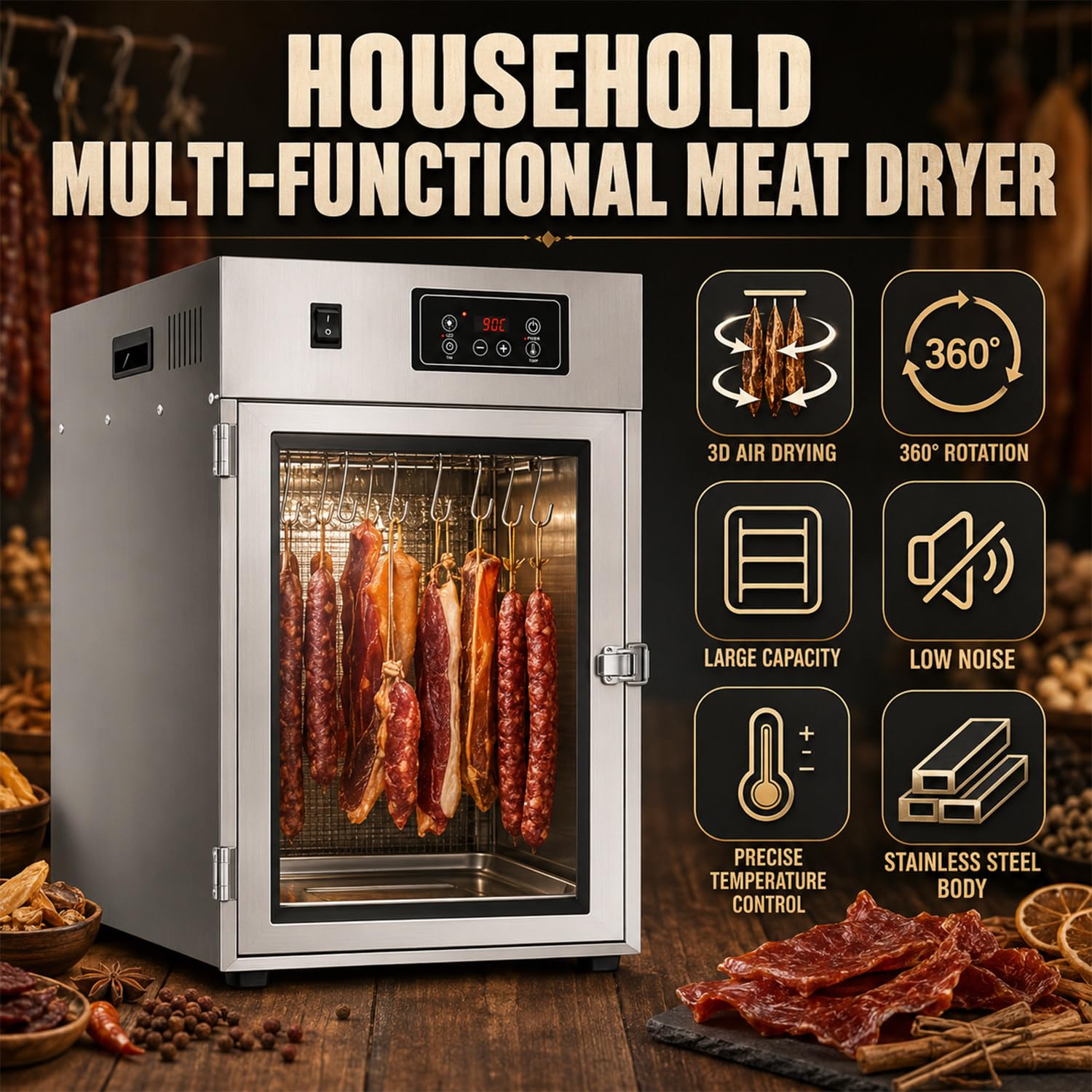 Reifeschrank Für Fleisch, Drehbarer Fleischtrockner, Dry Ager Reifeschrank, Edelstahl, 0–90 °c Einstellbar, Mit 14 Haken Und LED-Bedienfeld, 7,5 Kg Fassungsvermögen, Für Wurst, Bacon, Hähnchen