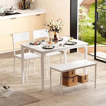 sogesfurniture Modern 4-Piece Kitchen Dining Table Set with 1 Bench and 2 Chairs, Dinner Bench Table Set for 4, Wooden Kitchen Table and Chairs for Limited Space,White
