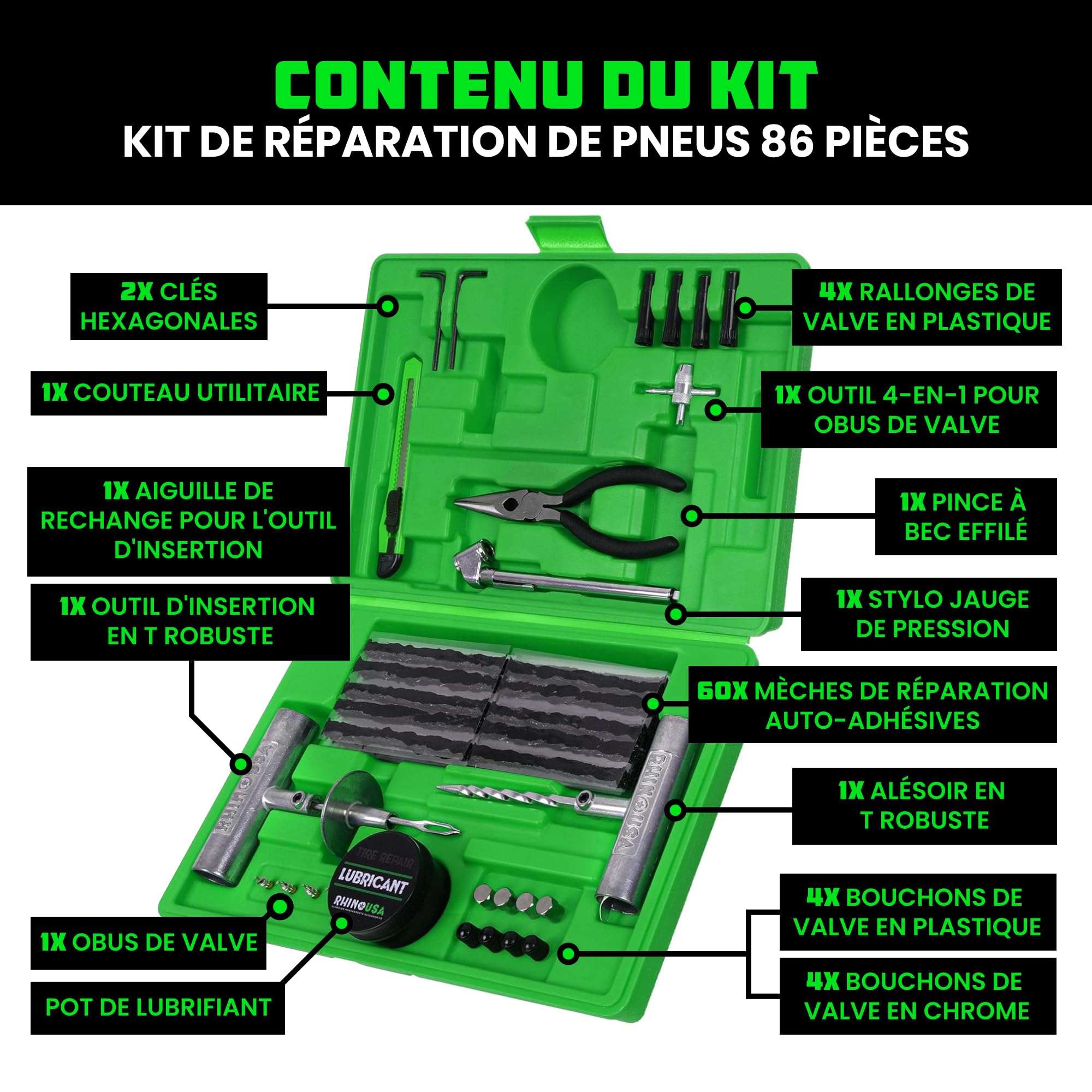 Rhino USA Kit de Réparation de Pneus (86 pièces) Kit Professionnel pour réparer crevaisons & rustines tubeless – Outils complets pour Voiture, Moto, Quad, UTV, Camping-Car et remorque