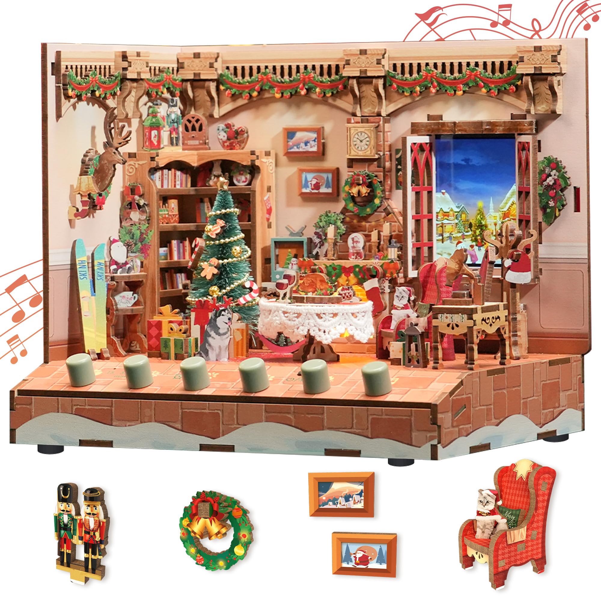 Tonecheer DIY Miniature House Kit, Wooden Dollhouse Kit with Music and White Noise,Tiny Diorama House Building Set with Electronic Screen Kit Creative Idea Gifts for Aduls (The Christmas Cottage)