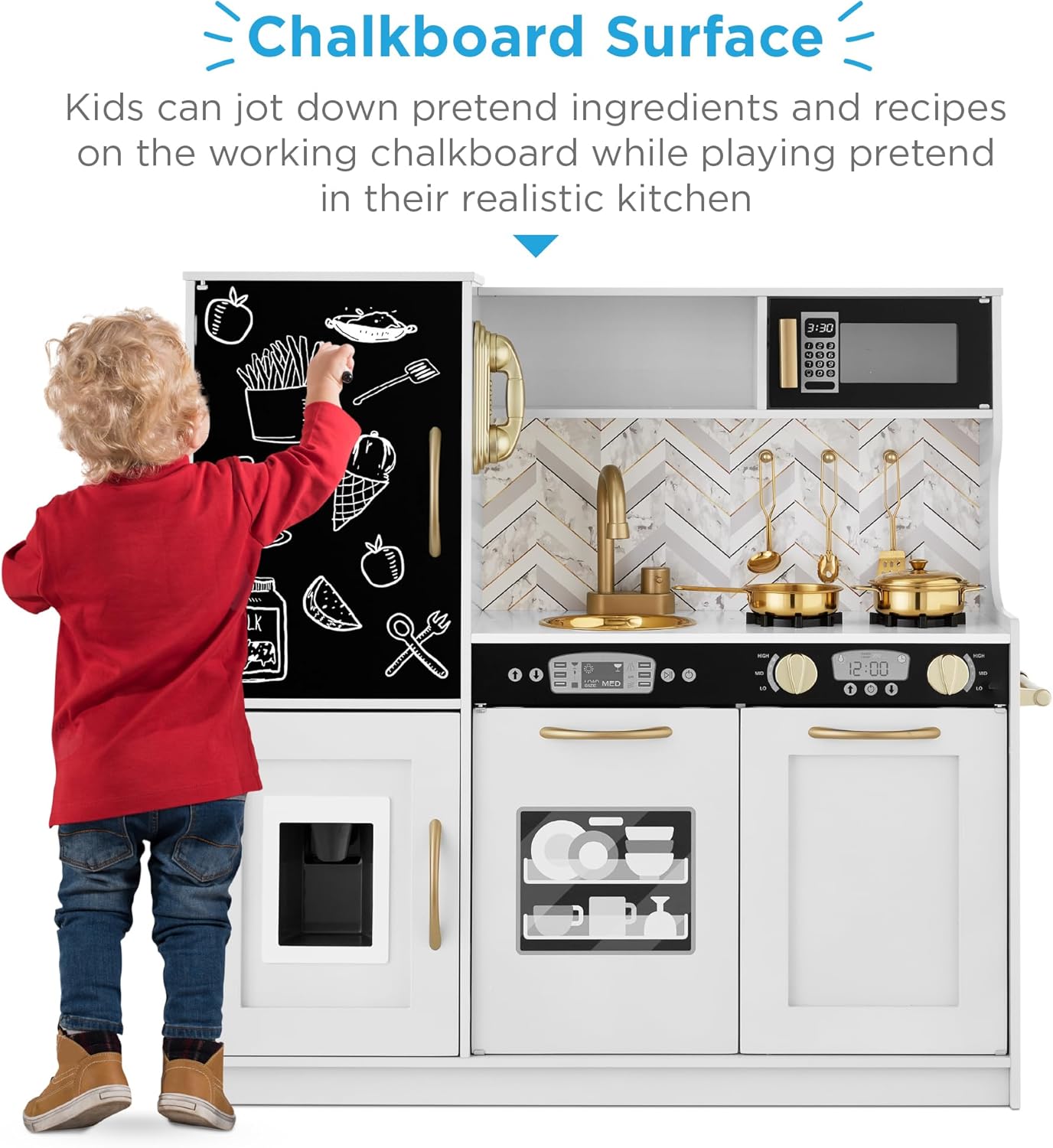 Best Choice Products Pretend Play Kitchen Wooden Toy Set for Kids w/Realistic Design, Telephone, Utensils, Oven, Microwave, Sink - White Bevel