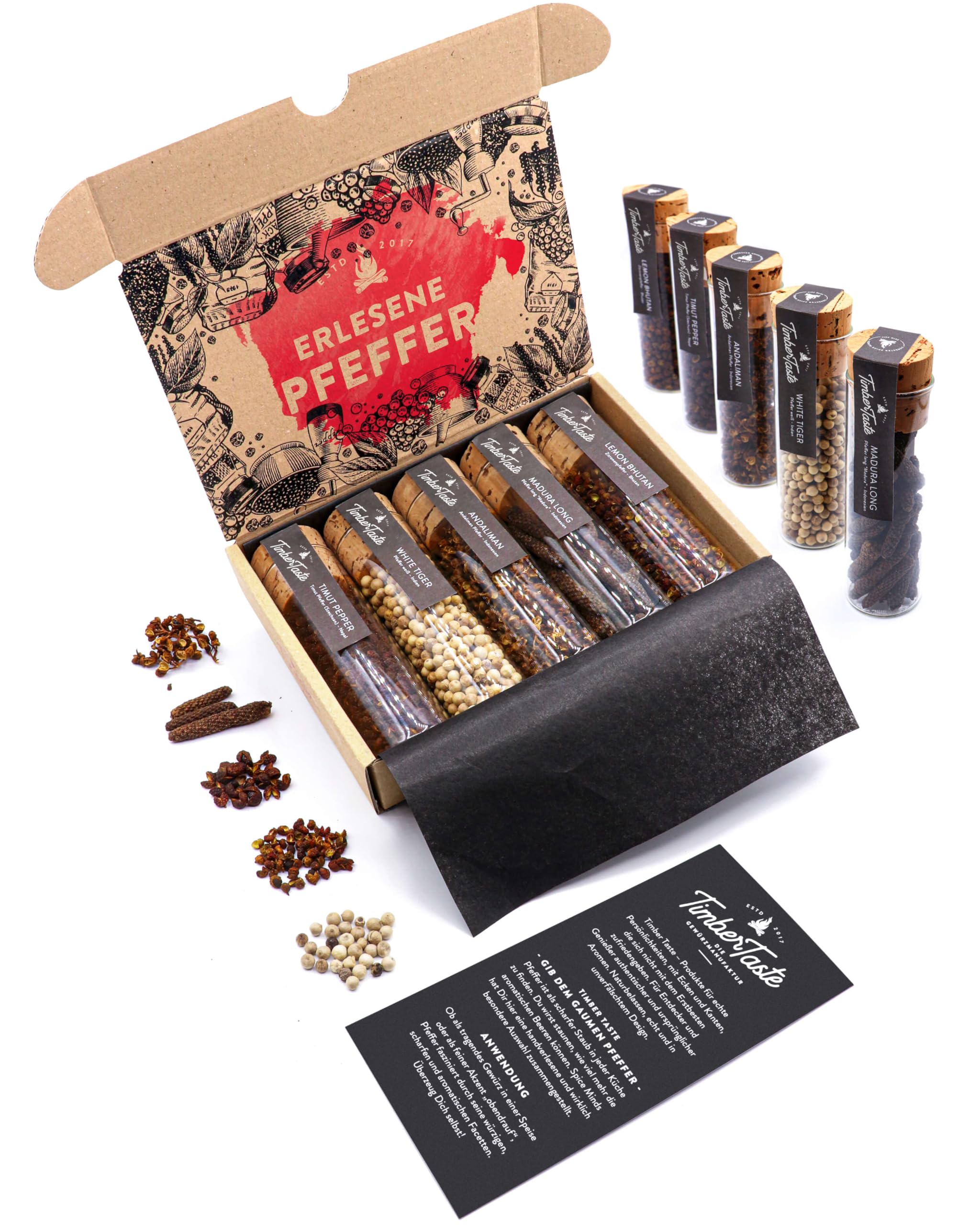 TIMBER TASTE® Pfeffer Geschenkset - 5 Erlesene Pfeffersorten aus aller Welt als Pfeffer Set & Gewürze Geschenkset für Genießer | Geschenke für Männer | Ostergeschenk Mann | Ostergeschenke Erwachsene