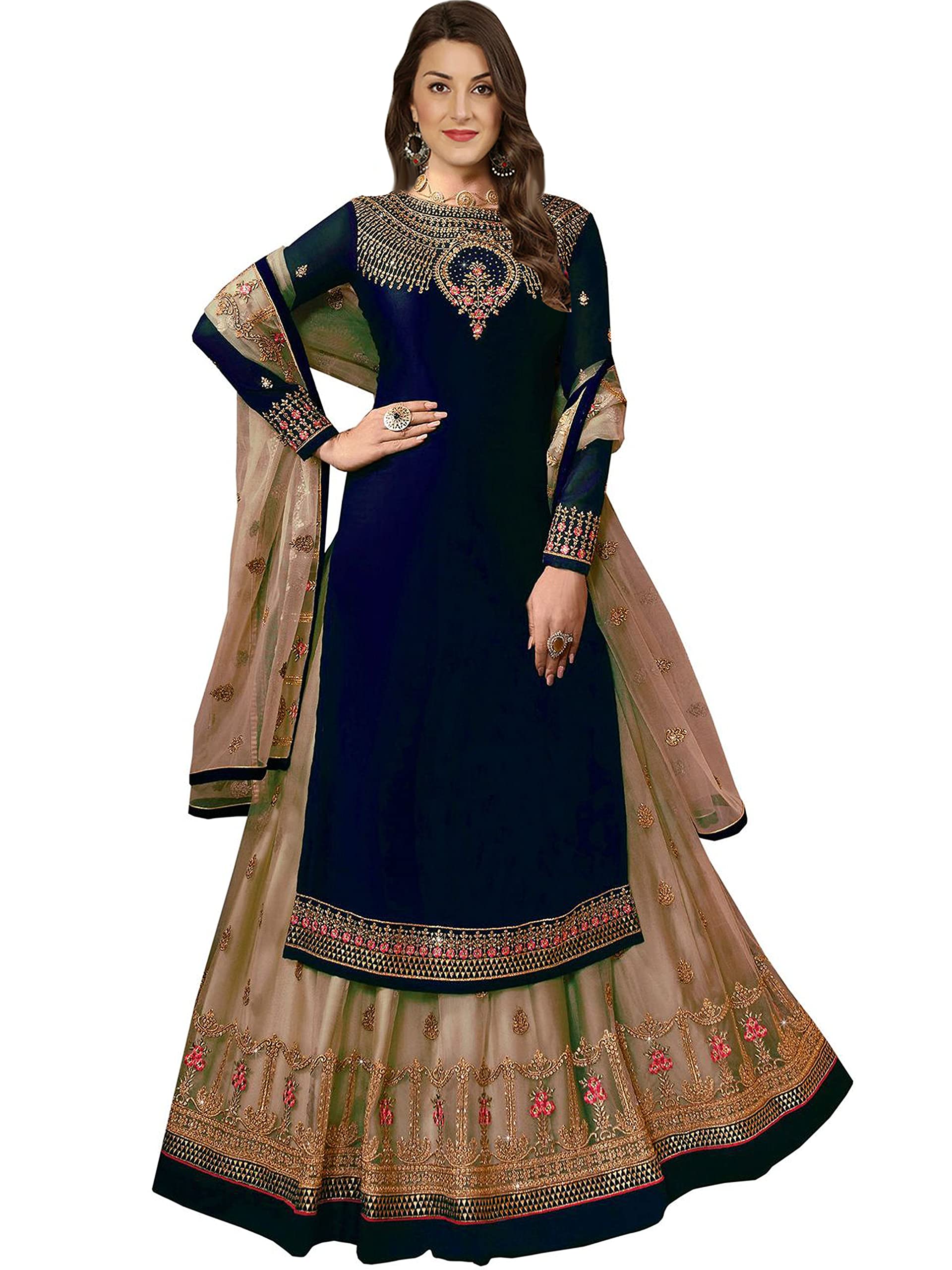 Fashion BasketWomen's Gerogette Navy Blue Semi-Stitched Salwar Suit(SSFB-F1396_Navy Blue_Free Size)