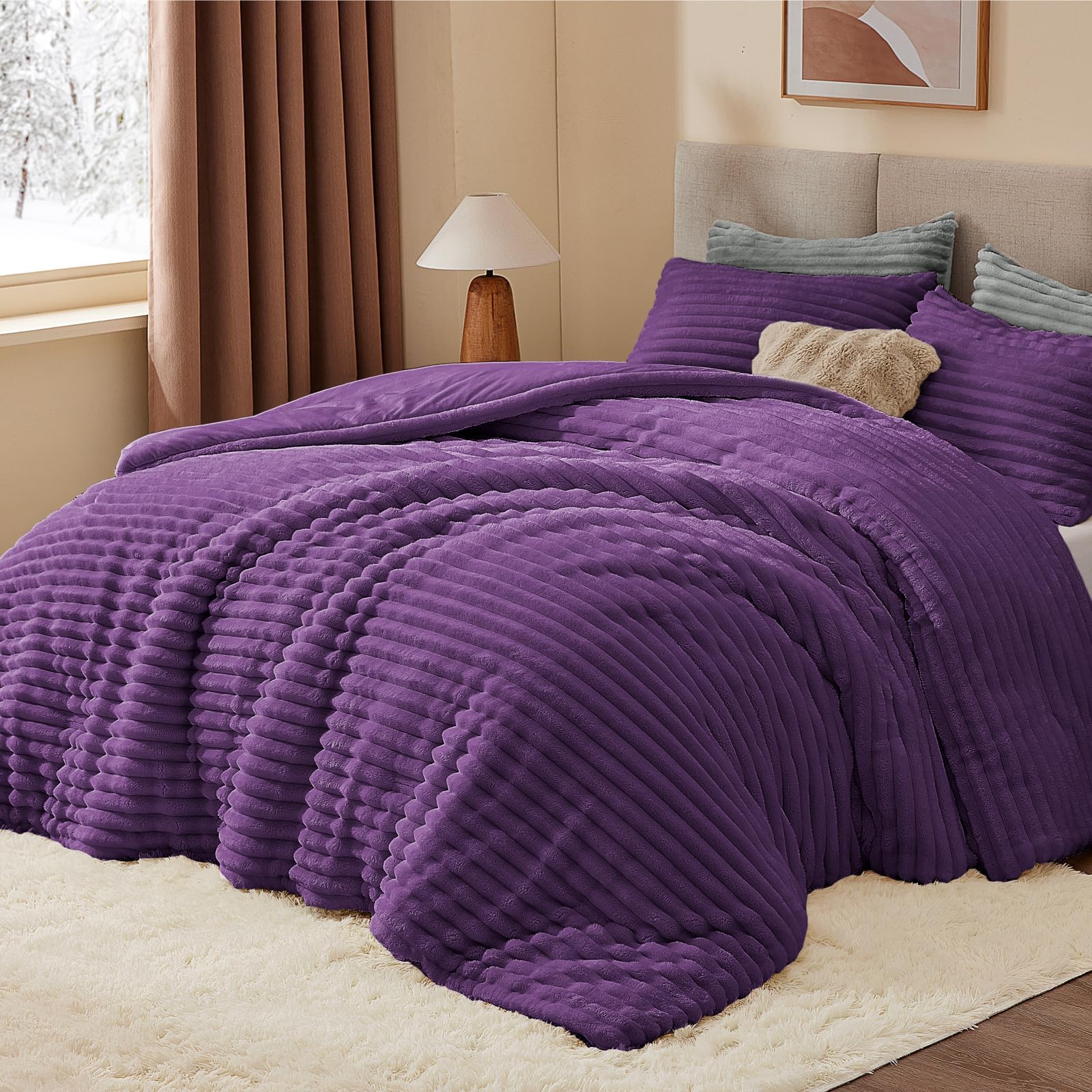 BEDELITE Fleece California King Comforter Set -Super Soft &amp; Warm Fluffy Purple Bedding, Luxury Fuzzy Heavy Bed Set for All Season with 2 Pillow Cases