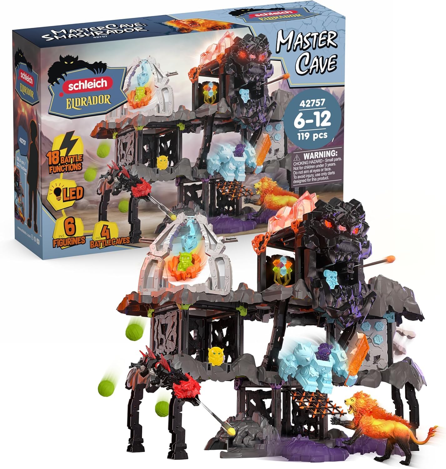 schleich ELDRADOR Creatures | MasterCave Smashrador 42757 | Set aus 4 x ELDRADOR Battle Cave, 4X Minis, Roboter, Lavalöwe & Superkristall | mit vielen Funktionen & Zubehör | ab 6 Jahren | 119 Teile