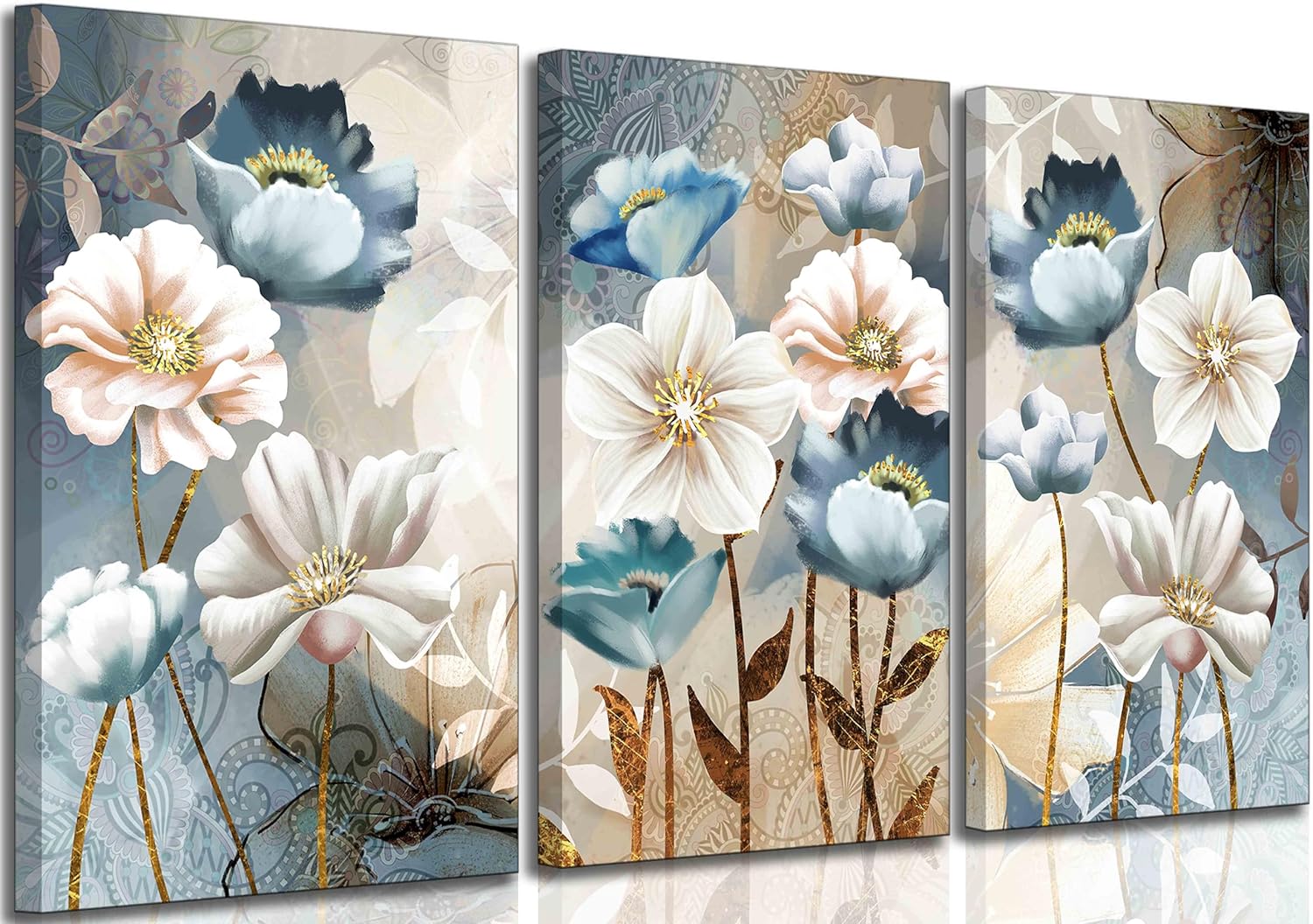 3 Pcs Modern Luxury Lotus Flower Canvas Wall Art White and Blue Floral Painting Pictures Wall Decor Posters Print Artwork for Living Room Bedroom Bathroom Office Home Decoration