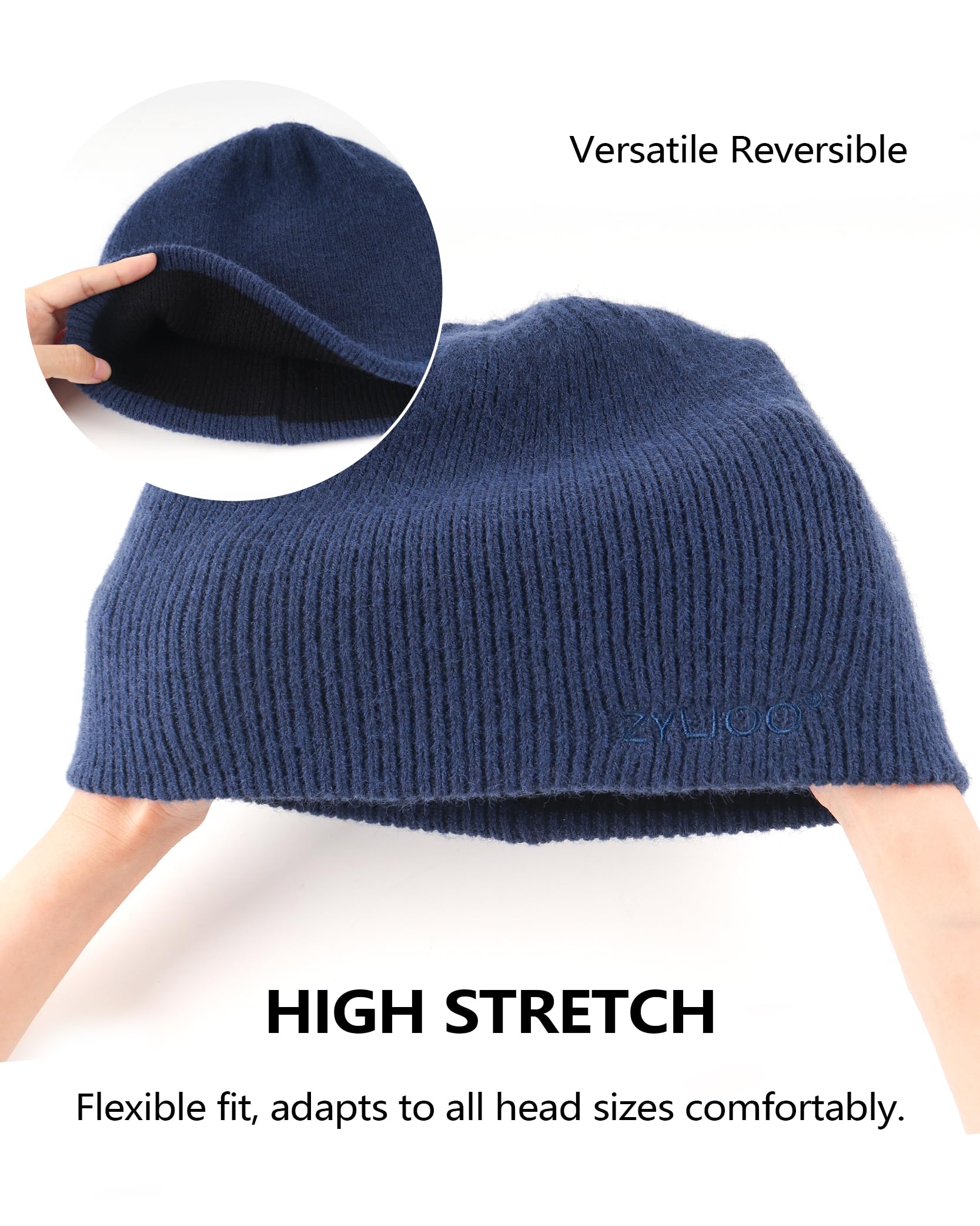 Zylioo Gorros reversibles para cabezas grandes y pequeñas, 2 en 1, de doble cara, de punto de invierno, tallas S, M, L, XL, XXL, 3XL, Negro/gris/azul marino, XS/S