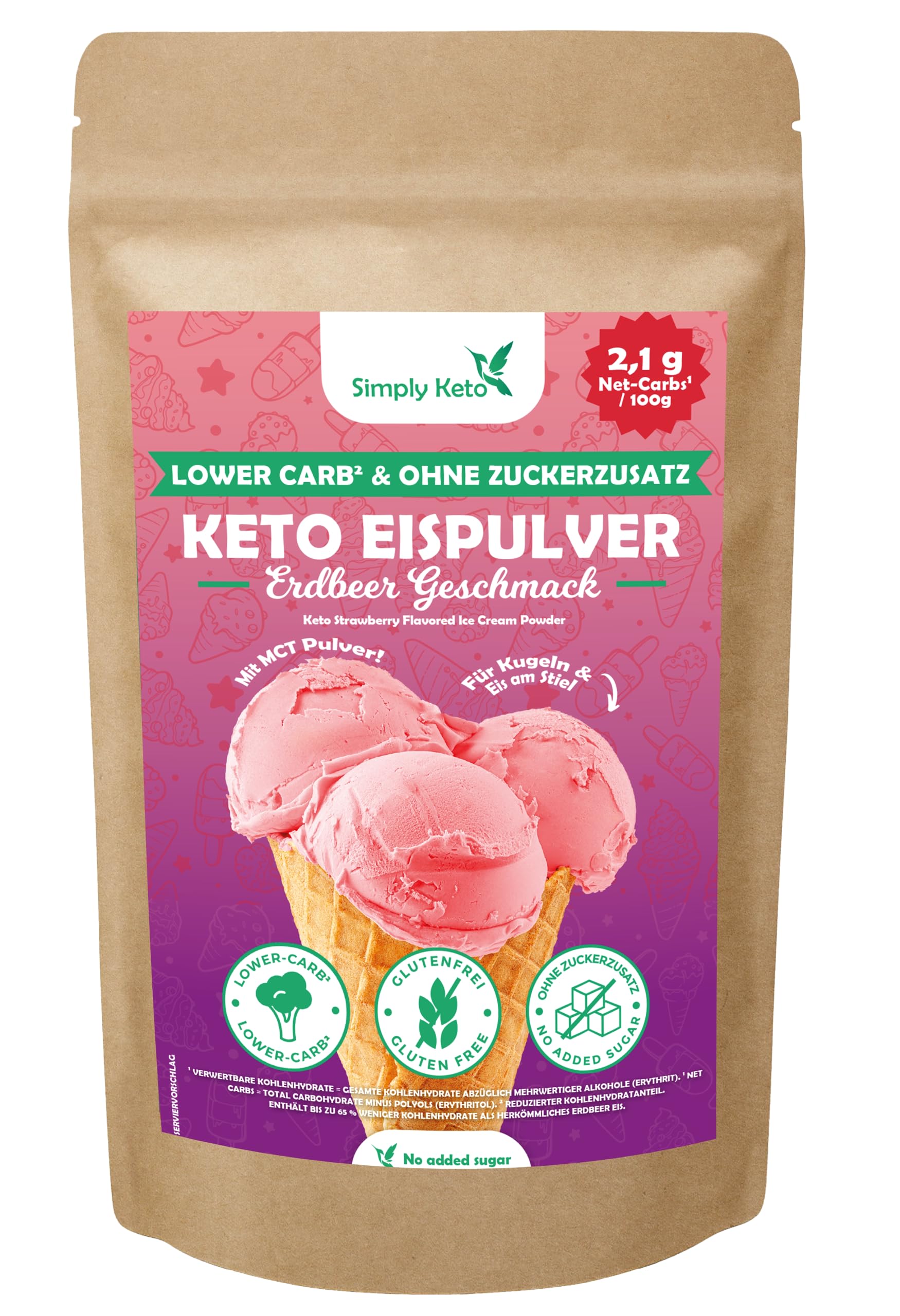 Simply Keto Lower-Carb* Erdbeer Eis Mix - Cremiges Eis ohne Zuckerzusatz mit nur 2,6 g Netto-Kohlenhydrate - ohne Maltit - Glutenfrei, sojafrei & ketogen - für 10 Portionen (100 g)