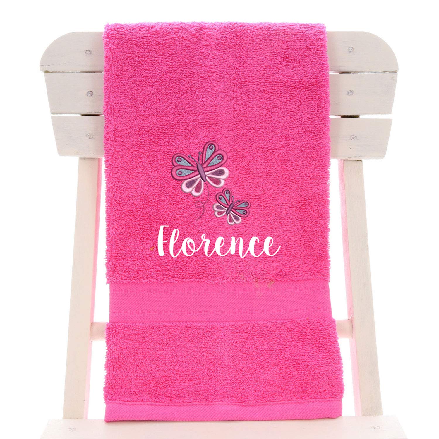 aztex Personalised Children's 100% Cotton Bath Towel with Butterfly Logo & Name, 550gsm, 70cm x 130cm - Pink