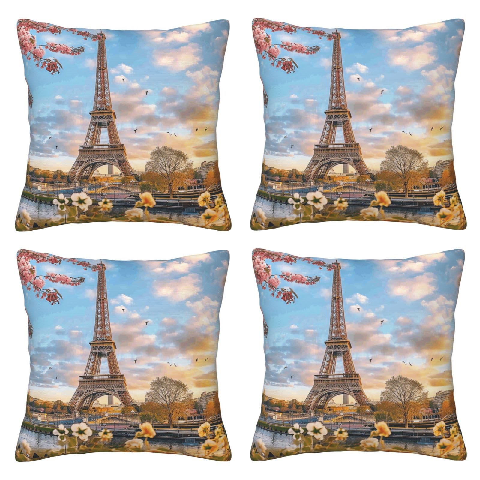 paris eiffel tower with flowers Throw Pillow Cases 4 Pack Square Pillowcases Super Soft Pillow Protectors With Zipper for Couch Livingroom Sofa Bed Office Car,50x50 CM