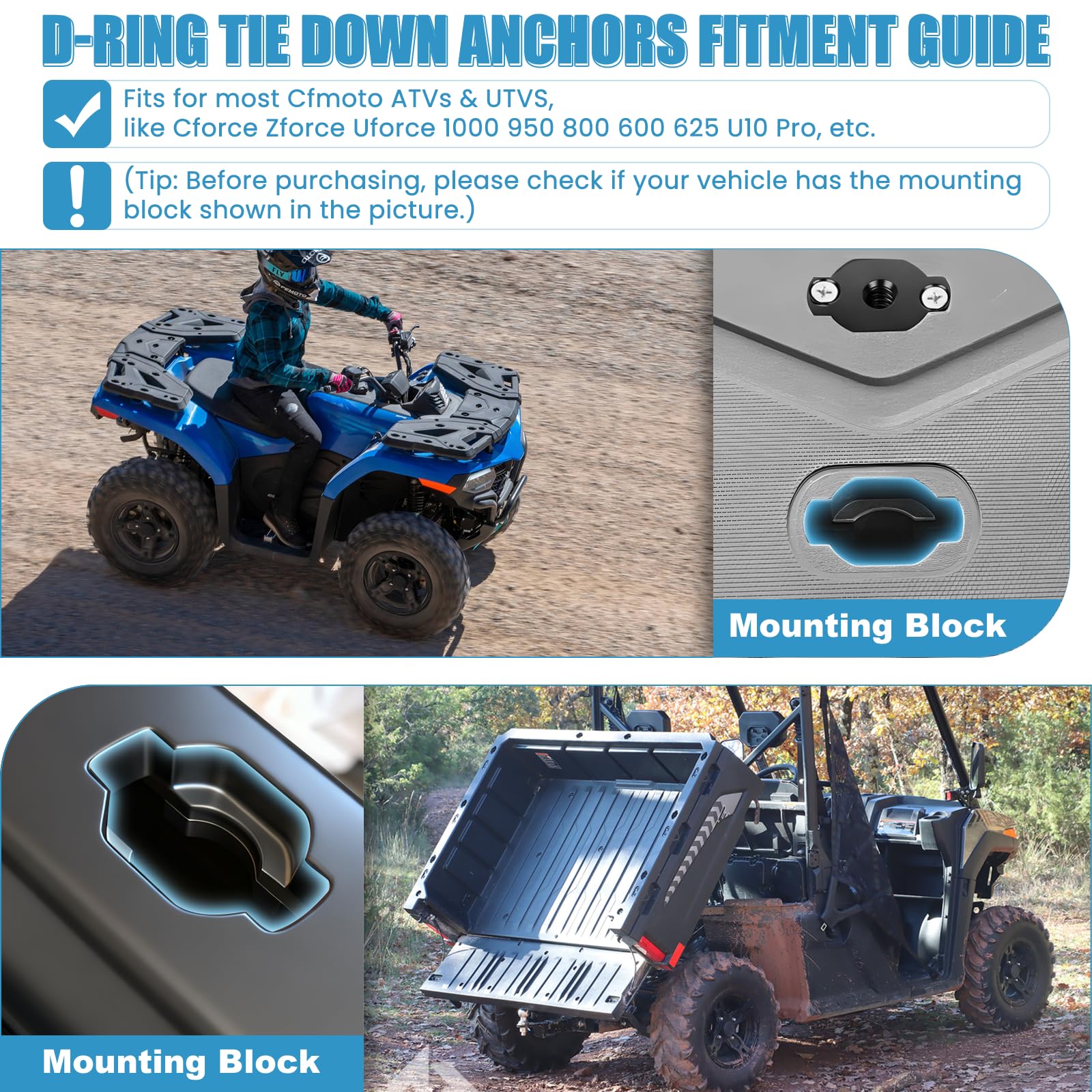 UTV ATV Anclajes de amarre de anillos en D de aluminio para CFMOTO Cforce Zforce Uforce 1000 950 800 600 625 U10 Accesorios, Sistema de anclaje de amarre de anillos en D resistente para UTV