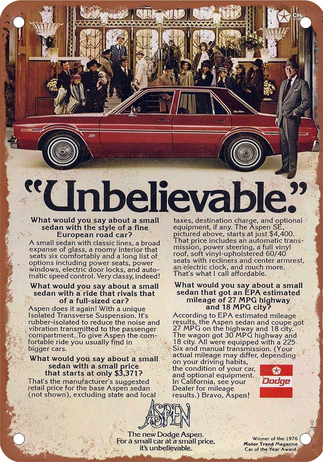METAL SIGN - 1976 Dodge Vintage Ad 01 - Old Retro Rusty Look home decor