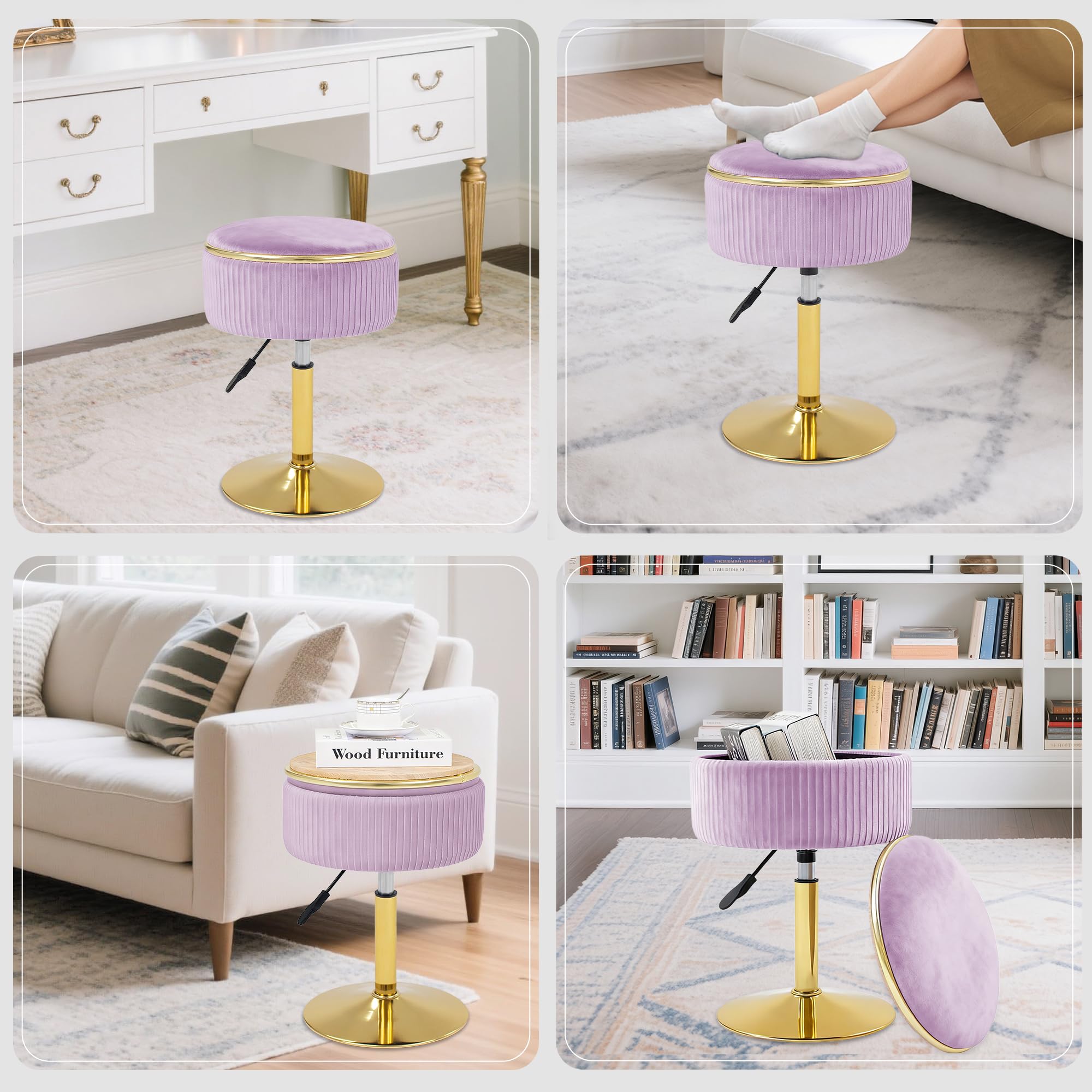 purple dressing table stool Amazon.com: MRITWAII Adjustable Vanity Stool with Storage, 360° Swivel  Makeup Stool Chair Small Velvet Round Ottoman with Gold Base for Bedroom ( Purple) : Home & Kitchen
