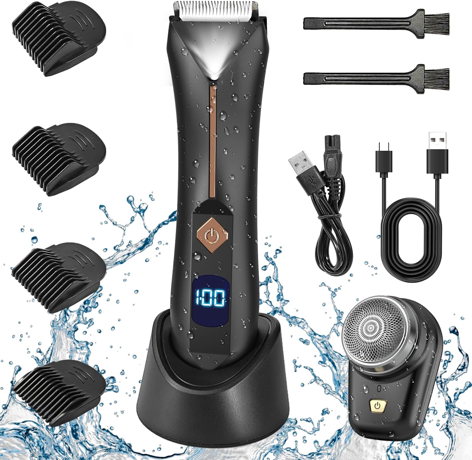 HWTONGBody Hair Trimmer for Men, Portable Mini Shaver, Pubic/Groin Hair Trimmer with LCD Display 4 Guide Combs, 2 Cleaning Brush, LED Light, Ideal Grooming Kit Gift for Men