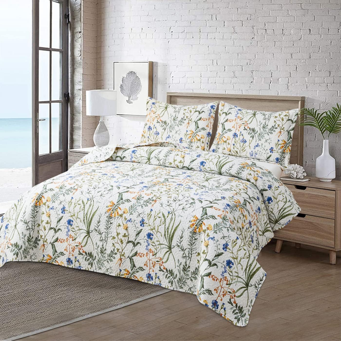 3-Piece Quilt Set King Size Floral Bedding Reversible Bedspread Coverlet Floral Leaves Bedding Summer Lightweight Yellow Green Flower Quilt Soft Microfiber Home Quilt Coverlet Set