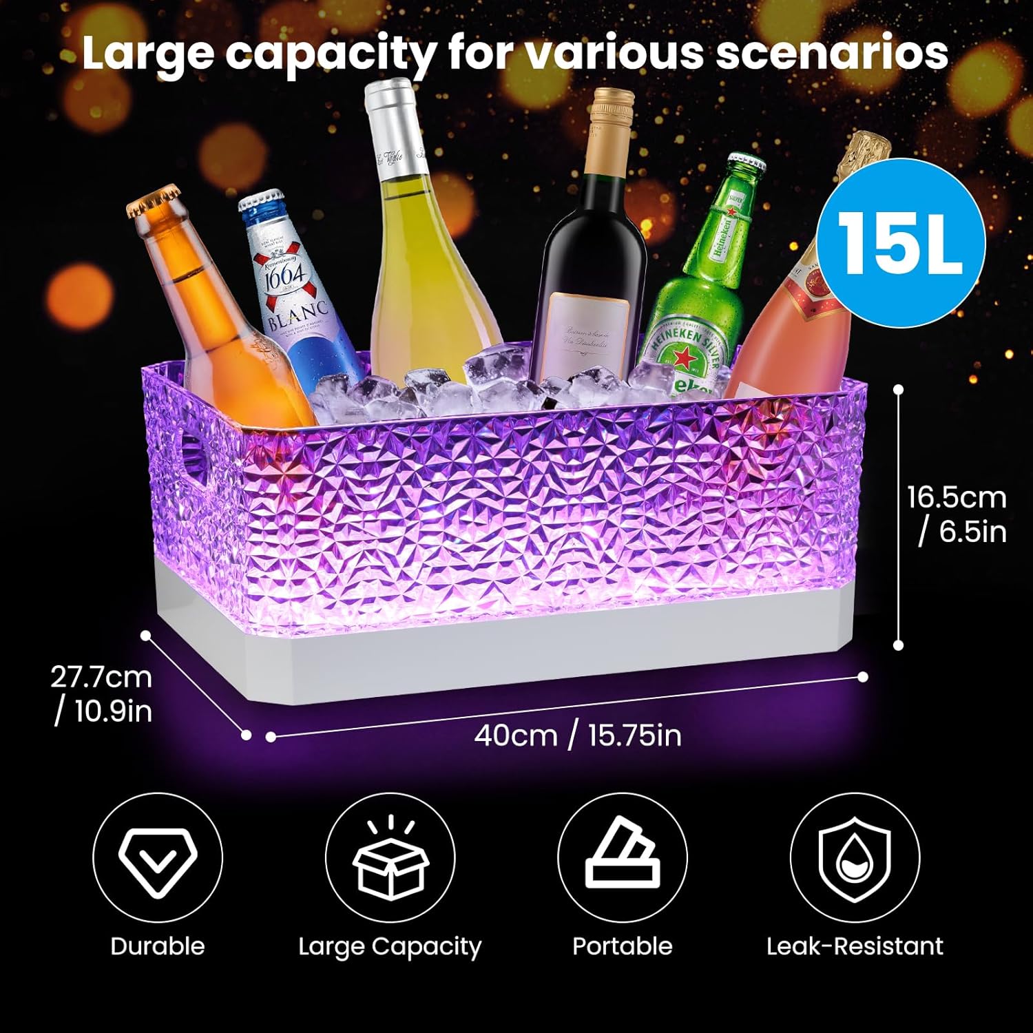 LED Light Up Plastic ice buckets for parties 15L large Clear beverage tub 7-color LED light ice buckets For Champagne Beer Cocktails Family Gathering Bar Nightclub Essential (Diamond texture)