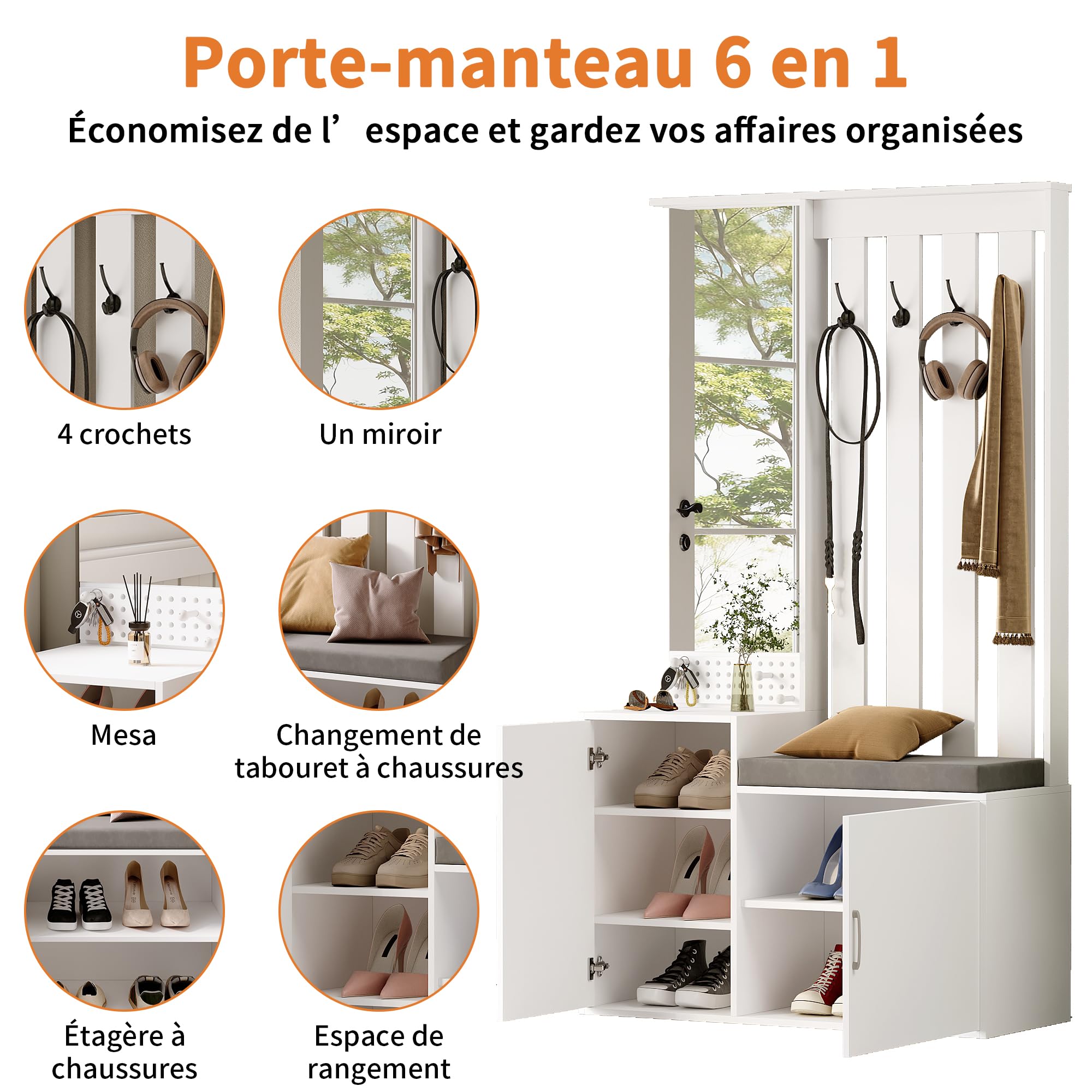 Porte-Manteau de Couloir avec Banc de Rangement Rembourré 40x100x180cm, Meuble à Chaussures de Couloir Multifonctionnel avec Patère, vestiaire d'entrée Moderne avec Miroir