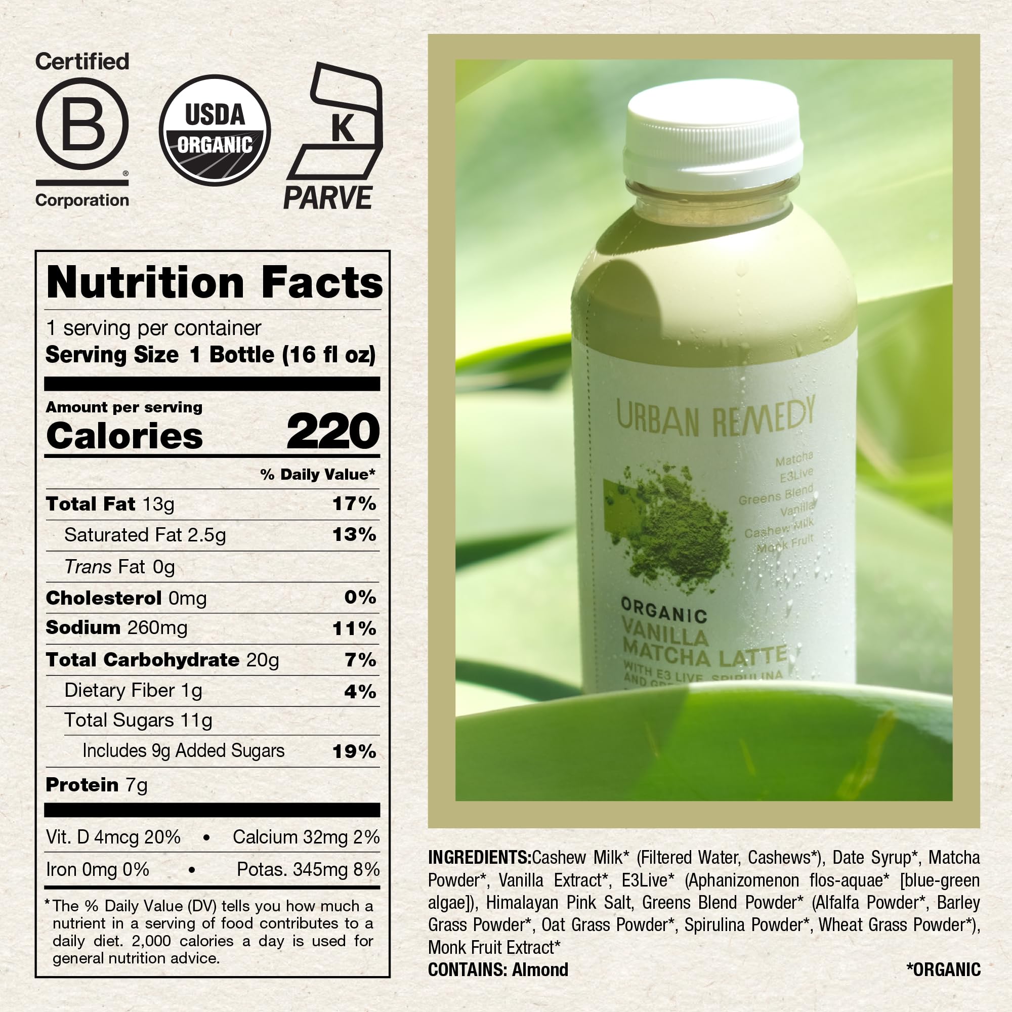 Urban Remedy Organic Vanilla Matcha Latte Plant-Based Cashew Milk Drink with Antioxidants Vegan Kosher Dairy-Free Gluten-Free Kosher Non-GMO — view 2