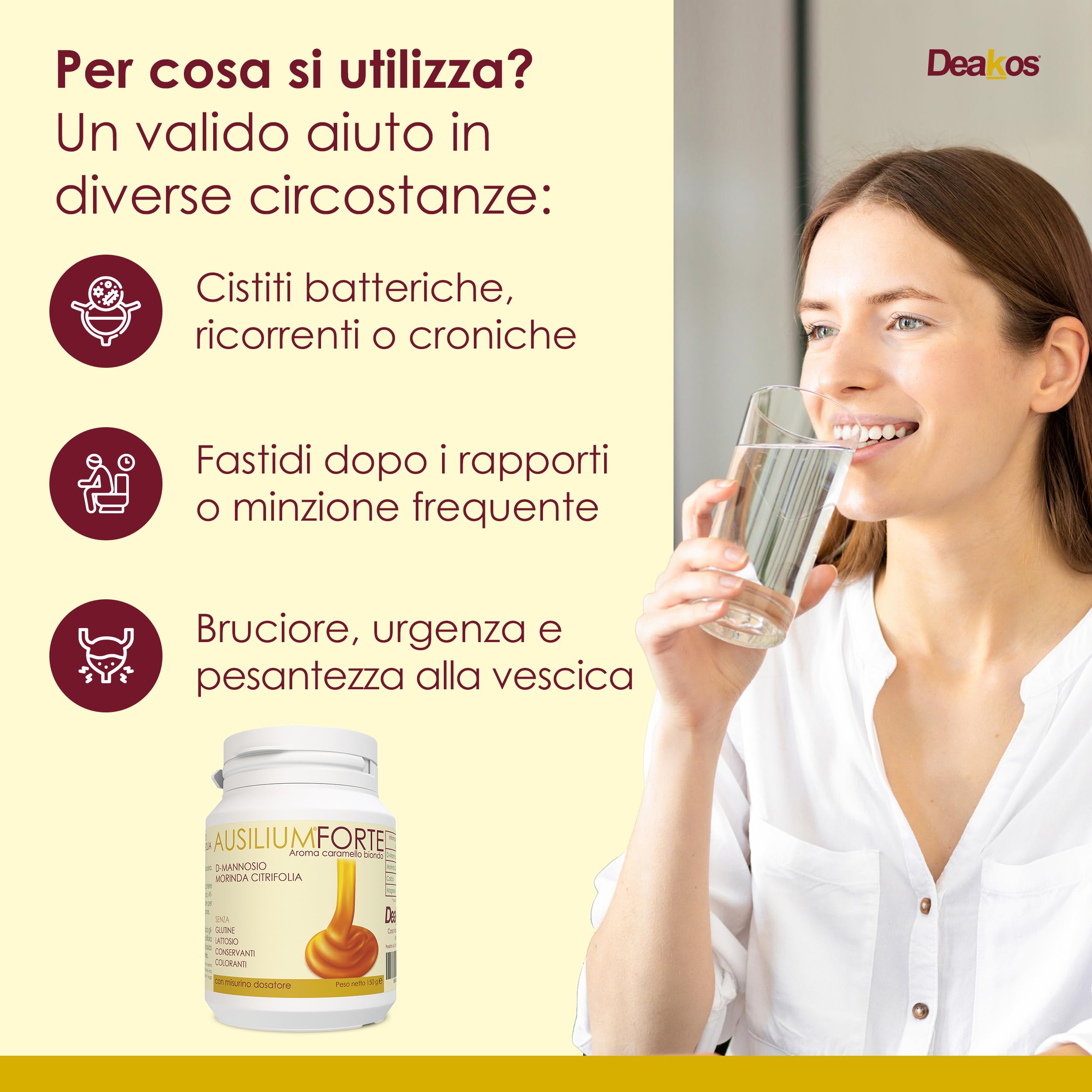 Deakos Ausilium Forte 150g - Integratore Cistite Donna e Benessere delle Vie Urinarie - In Polvere Gusto Caramello - A base di D Mannosio Puro e Morinda Citrifolia - Senza Glutine e Lattosio