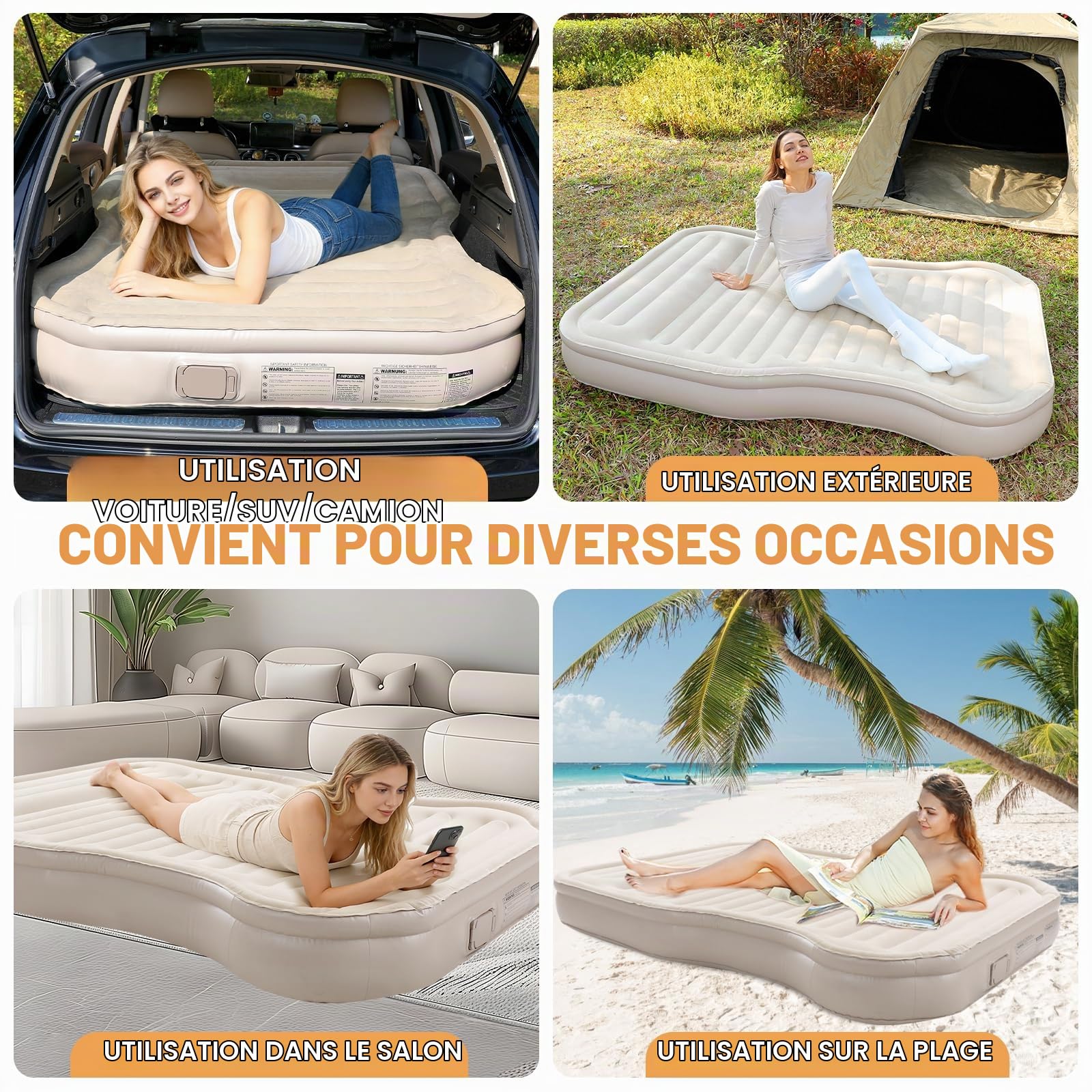 KMZ Matelas gonflable pour SUV avec pompe intégrée et 2 oreillers, PVC floqué épais, matelas gonflable à gonflage rapide en 90 secondes, portable et durable pour camping, voyage, camion