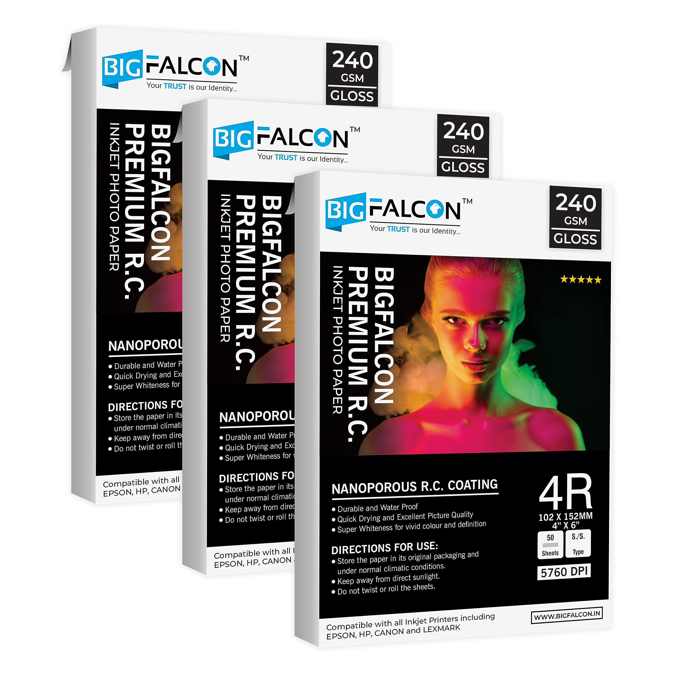 BIGFALCON Premium 240 GSM 4R Size (4X6 inch) Ultra Glossy RC Resin Coated Waterproof Inkjet Photo Paper 150 Sheets for all Inkjet Printer