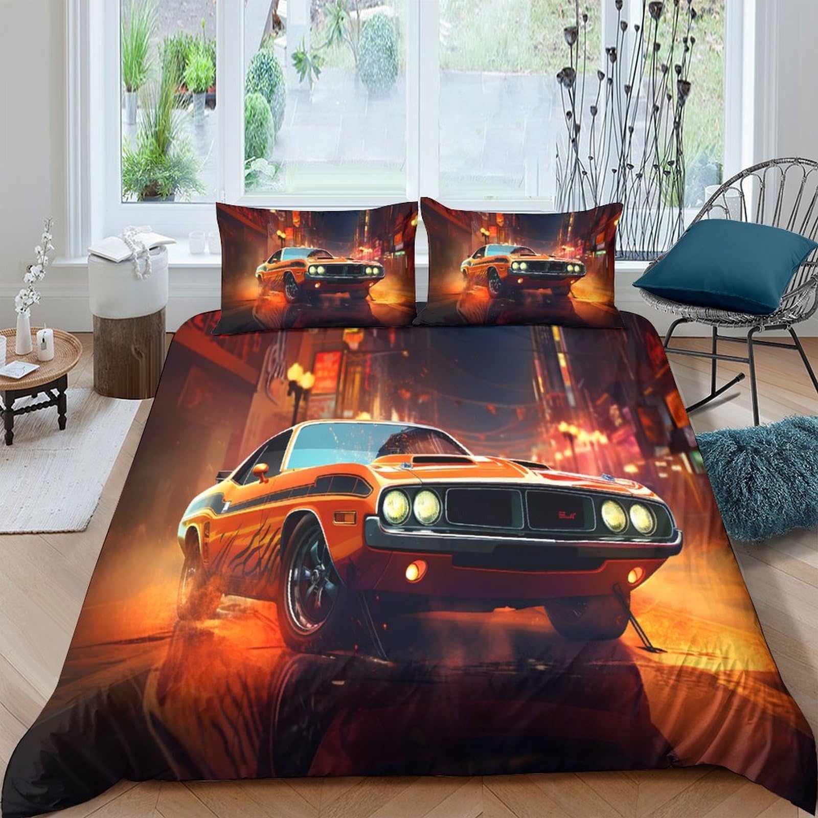 Ctjqhvkz Style-7 3D Printed Classic Muscle Car Fitted Sheet Microfiber Orange Retro Street Racing Bed Cover For Bedroom Dorm Decor Single（135X200cm）