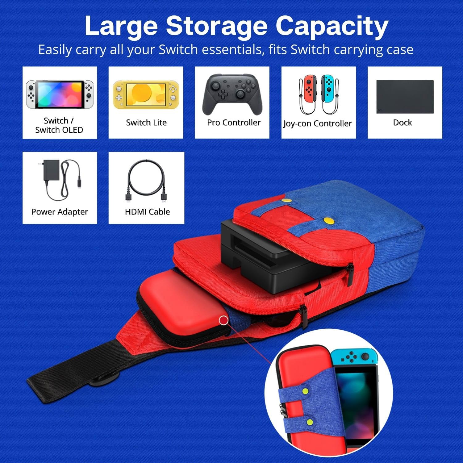 TNP Sacoche de Transport Compatible avec Nintendo Switch, OLED, Lite - Sac à Bandoulière pour Accessoires, Console, Joy-Con, Bloc d'Alimentation et Chargeur Dock - Super